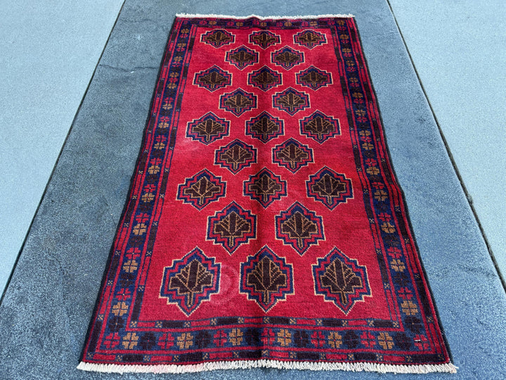 3x5 (91x152) Handmade Vintage Afghan Baluch Rug | Crimson Brick Burgundy Red Navy Blue Caramel Tan Brown White Ivory Cream | Wool