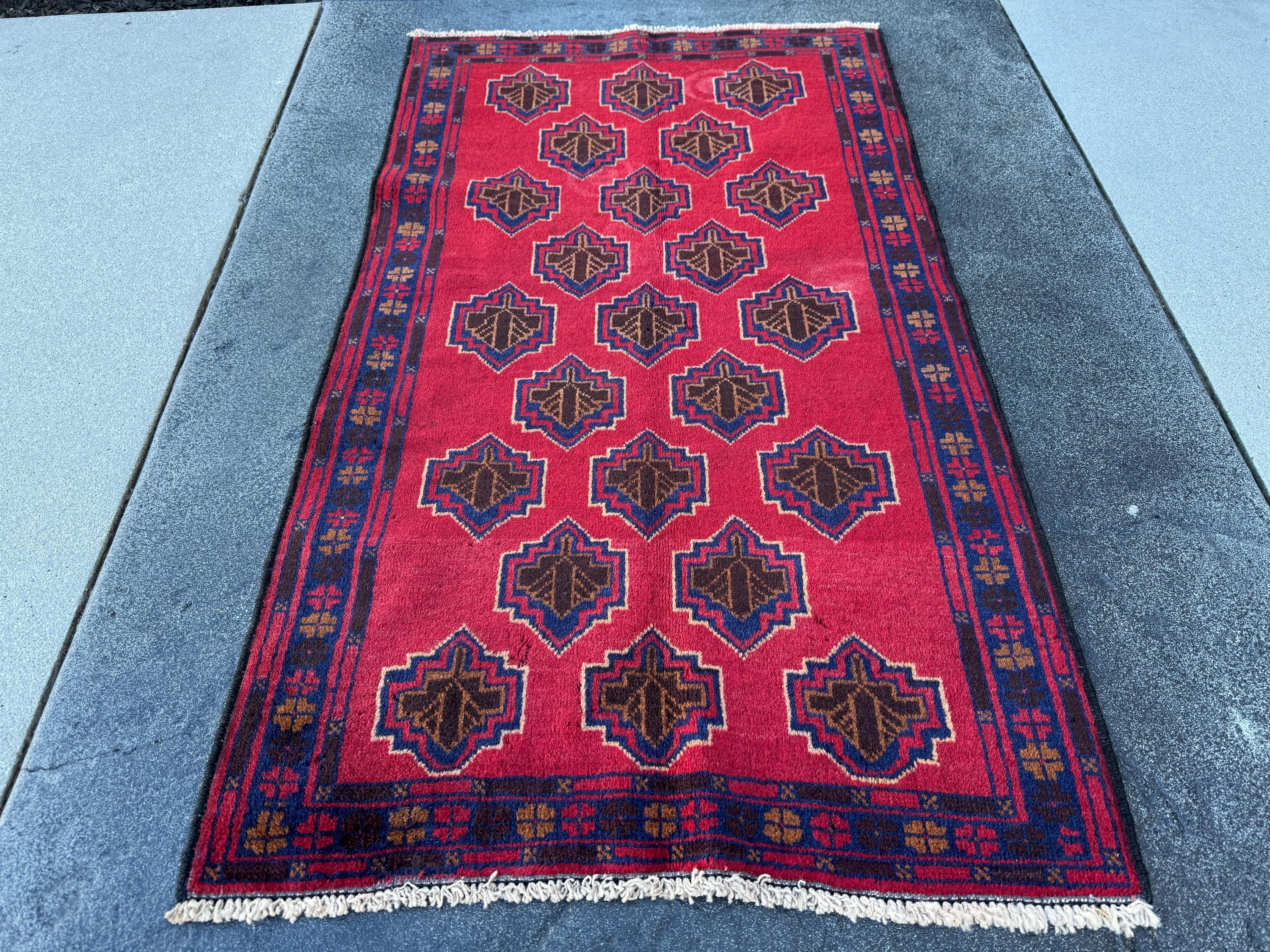 3x5 (91x152) Handmade Vintage Afghan Baluch Rug | Crimson Brick Burgundy Red Navy Blue Caramel Tan Brown White Ivory Cream | Wool
