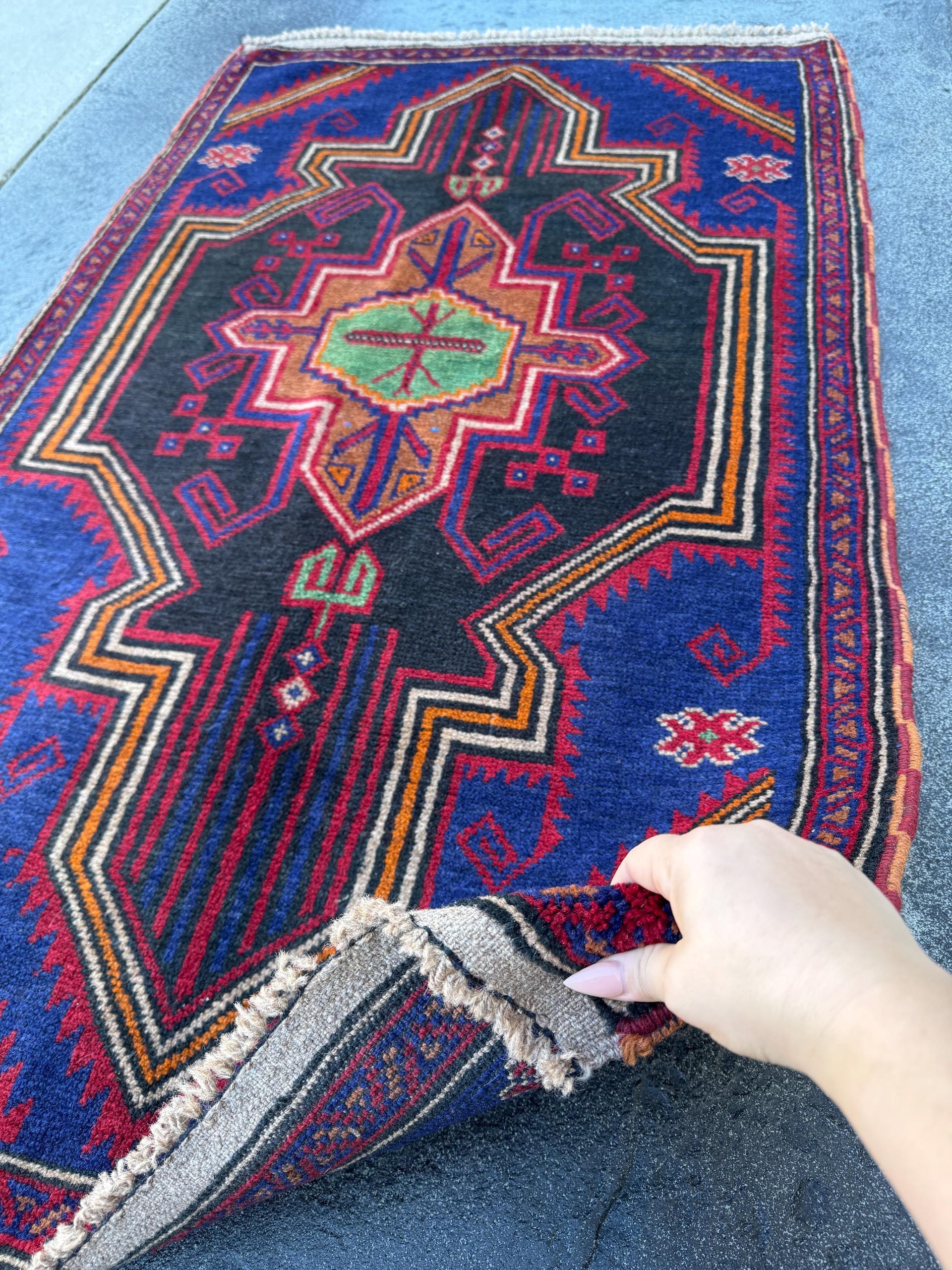 3x5 (91x152) Handmade Vintage Afghan Baluch Rug | Navy Blue Blood Crimson Red Cream White Orange Tan Pine Green Black | Wool Geometric