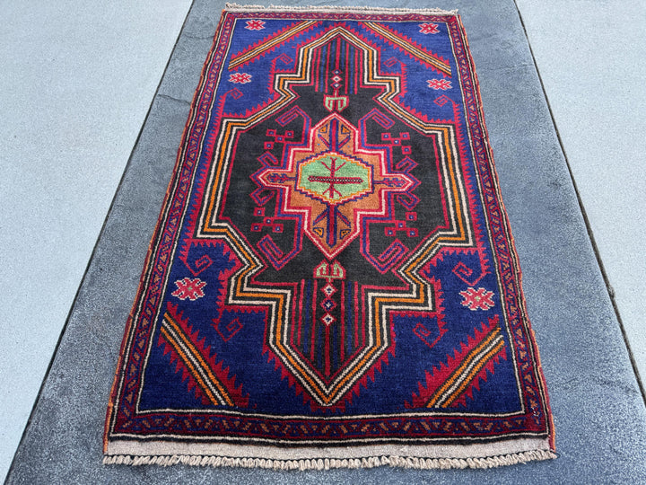 3x5 (91x152) Handmade Vintage Afghan Baluch Rug | Navy Blue Blood Crimson Red Cream White Orange Tan Pine Green Black | Wool Geometric