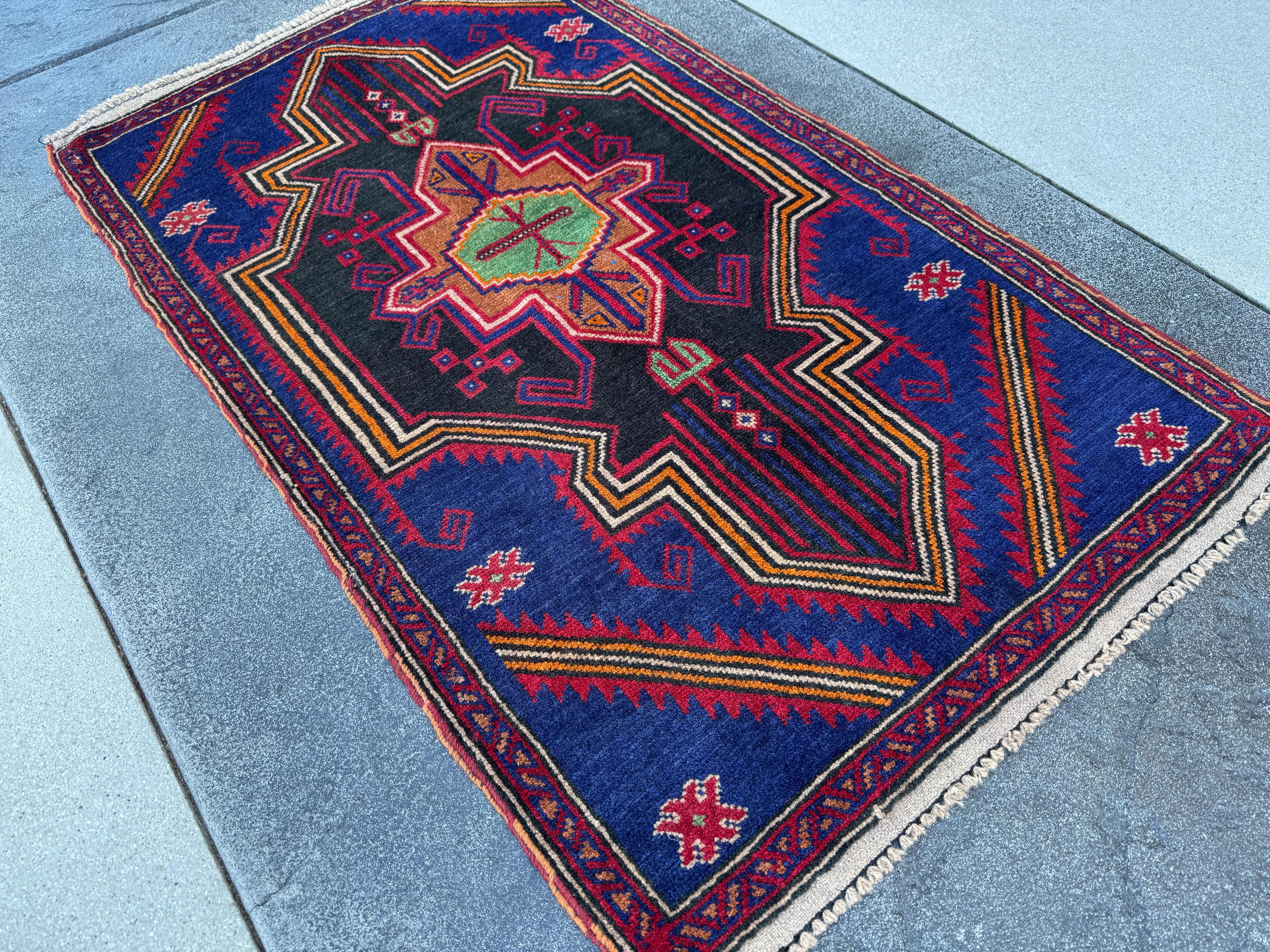 3x5 (91x152) Handmade Vintage Afghan Baluch Rug | Navy Blue Blood Crimson Red Cream White Orange Tan Pine Green Black | Wool Geometric