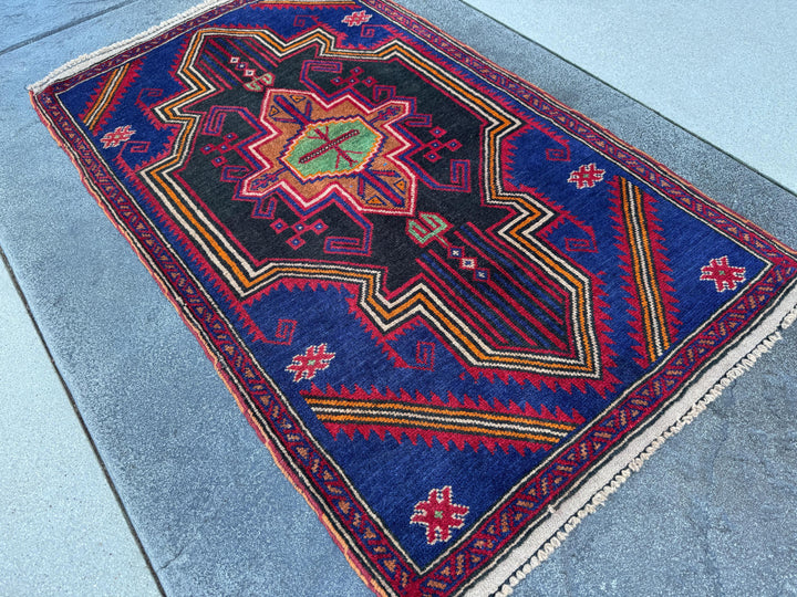 3x5 (91x152) Handmade Vintage Afghan Baluch Rug | Navy Blue Blood Crimson Red Cream White Orange Tan Pine Green Black | Wool Geometric