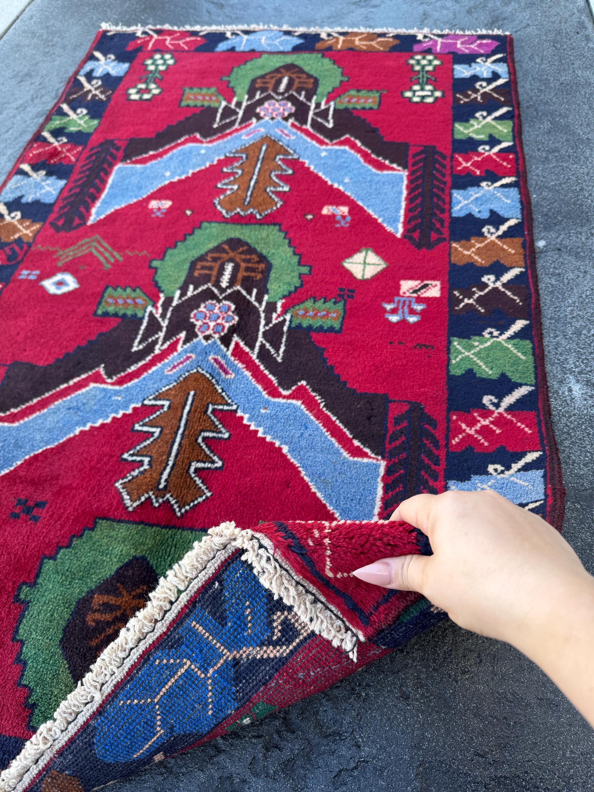 3x4 (91x121) Handmade Vintage Afghan Baluch Rug | Crimson Scarlet Red Sky Denim Blue Pine Moss Green Caramel Brown Rust Orange Black Cream