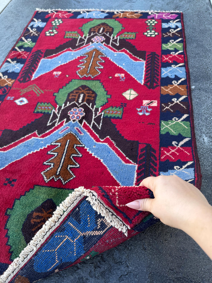 3x4 (91x121) Handmade Vintage Afghan Baluch Rug | Crimson Scarlet Red Sky Denim Blue Pine Moss Green Caramel Brown Rust Orange Black Cream