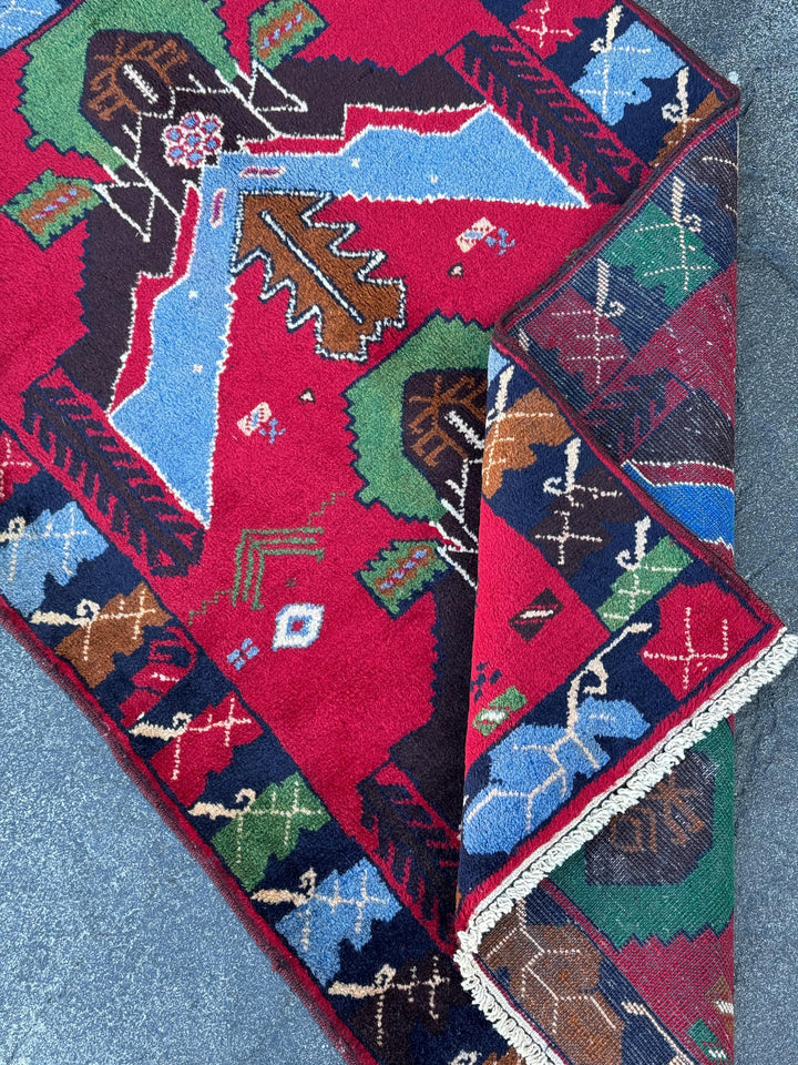 3x4 (91x121) Handmade Vintage Afghan Baluch Rug | Crimson Scarlet Red Sky Denim Blue Pine Moss Green Caramel Brown Rust Orange Black Cream
