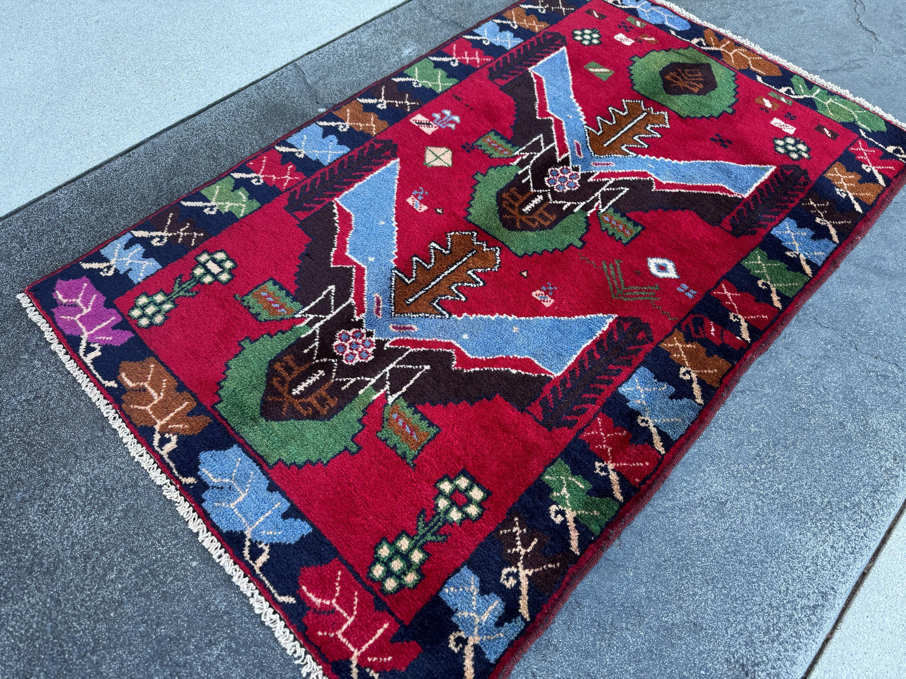 3x4 (91x121) Handmade Vintage Afghan Baluch Rug | Crimson Scarlet Red Sky Denim Blue Pine Moss Green Caramel Brown Rust Orange Black Cream