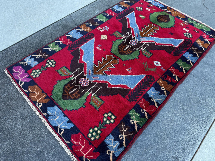 3x4 (91x121) Handmade Vintage Afghan Baluch Rug | Crimson Scarlet Red Sky Denim Blue Pine Moss Green Caramel Brown Rust Orange Black Cream