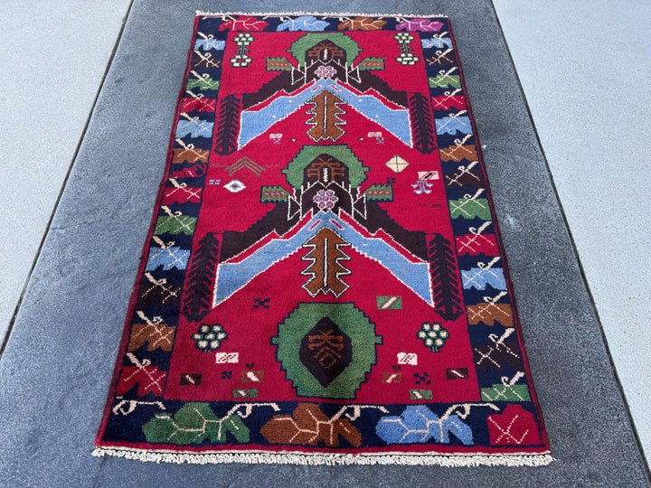 3x4 (91x121) Handmade Vintage Afghan Baluch Rug | Crimson Scarlet Red Sky Denim Blue Pine Moss Green Caramel Brown Rust Orange Black Cream