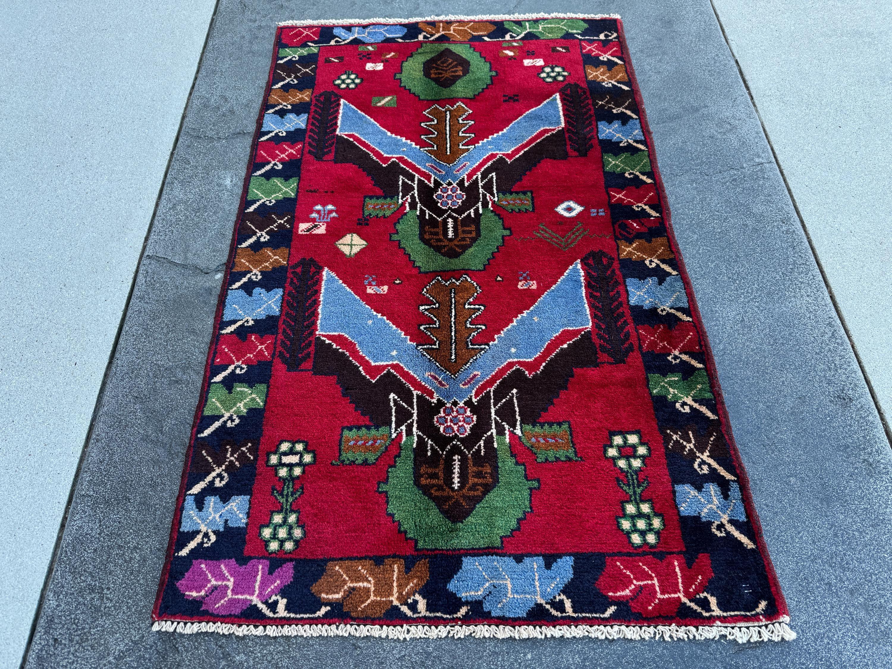 3x4 (91x121) Handmade Vintage Afghan Baluch Rug | Crimson Scarlet Red Sky Denim Blue Pine Moss Green Caramel Brown Rust Orange Black Cream