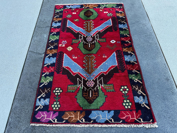 3x4 (91x121) Handmade Vintage Afghan Baluch Rug | Crimson Scarlet Red Sky Denim Blue Pine Moss Green Caramel Brown Rust Orange Black Cream