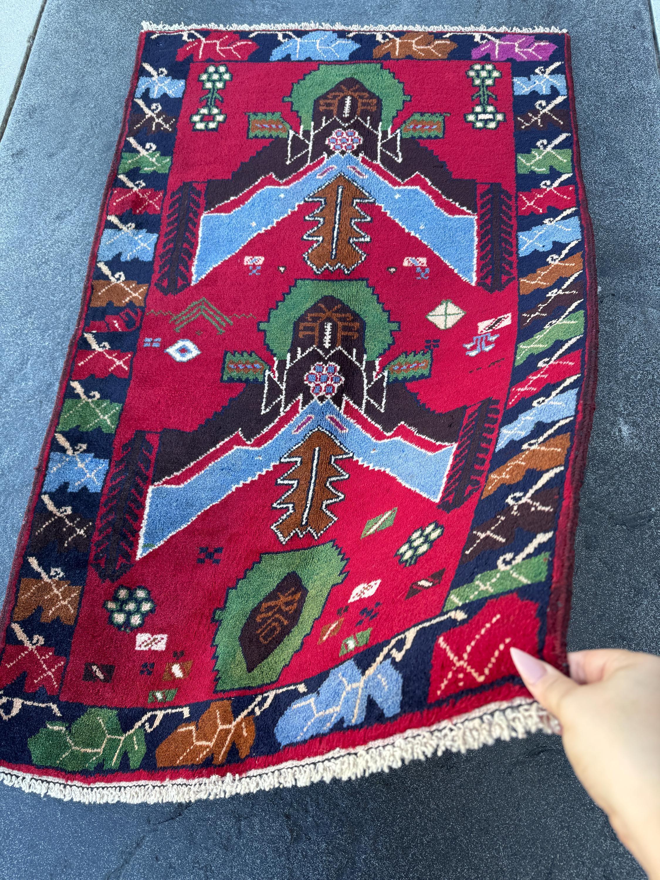 3x4 (91x121) Handmade Vintage Afghan Baluch Rug | Crimson Scarlet Red Sky Denim Blue Pine Moss Green Caramel Brown Rust Orange Black Cream