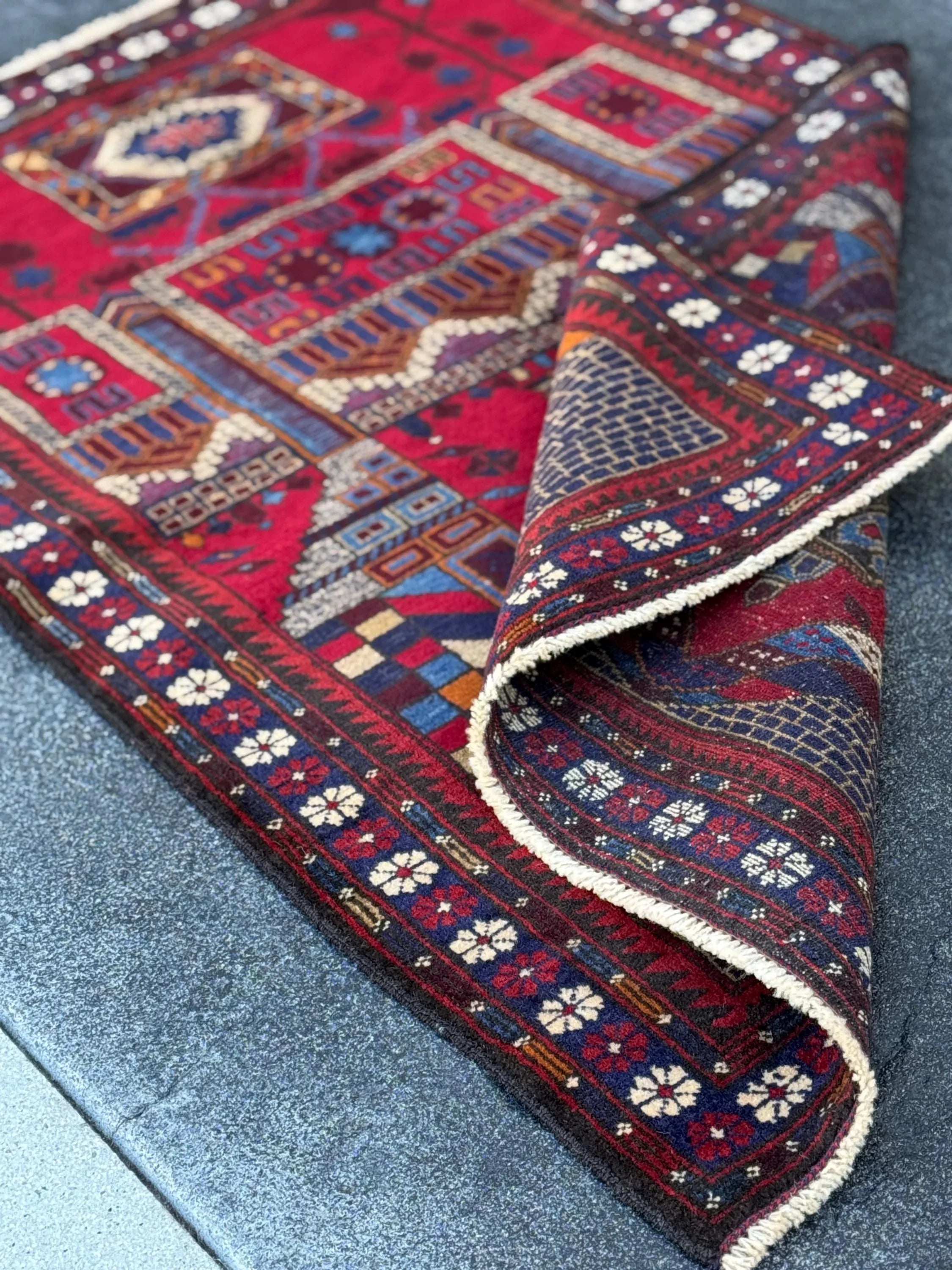 3x5 (91x152) Handmade Vintage Afghan Baluch Rug | Crimson Blood Burgundy Red Cream White Denim Navy Midnight Blue Orange Tan | Wool