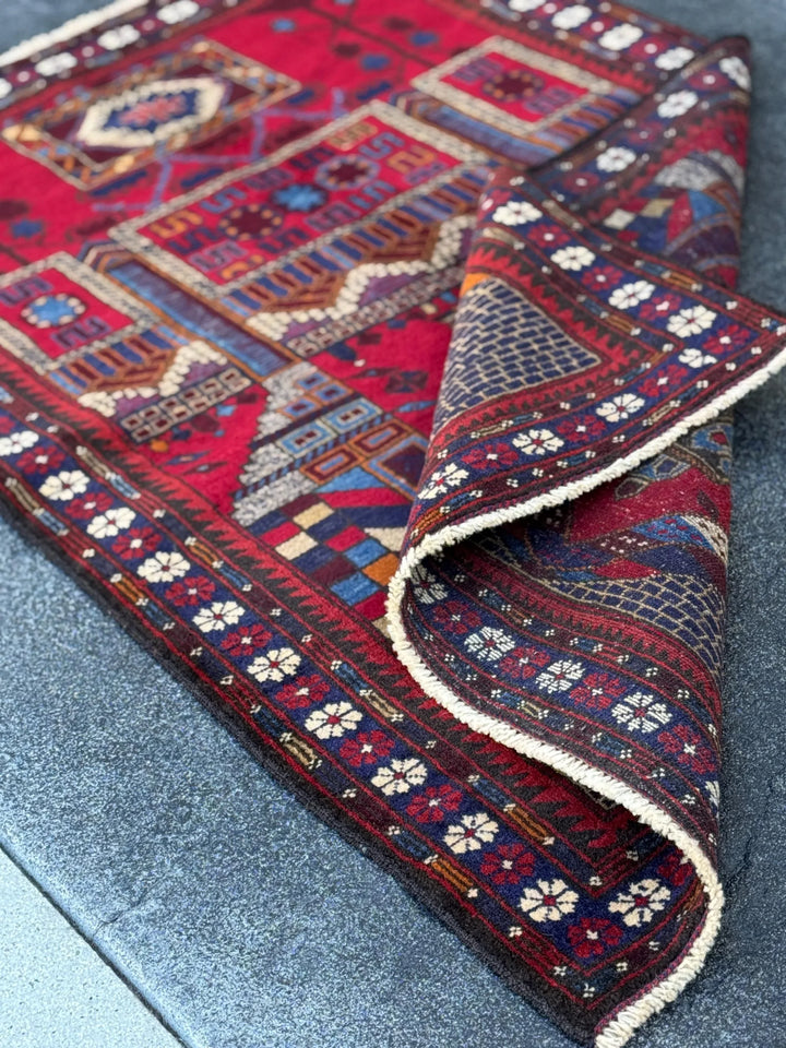 3x5 (91x152) Handmade Vintage Afghan Baluch Rug | Crimson Blood Burgundy Red Cream White Denim Navy Midnight Blue Orange Tan | Wool