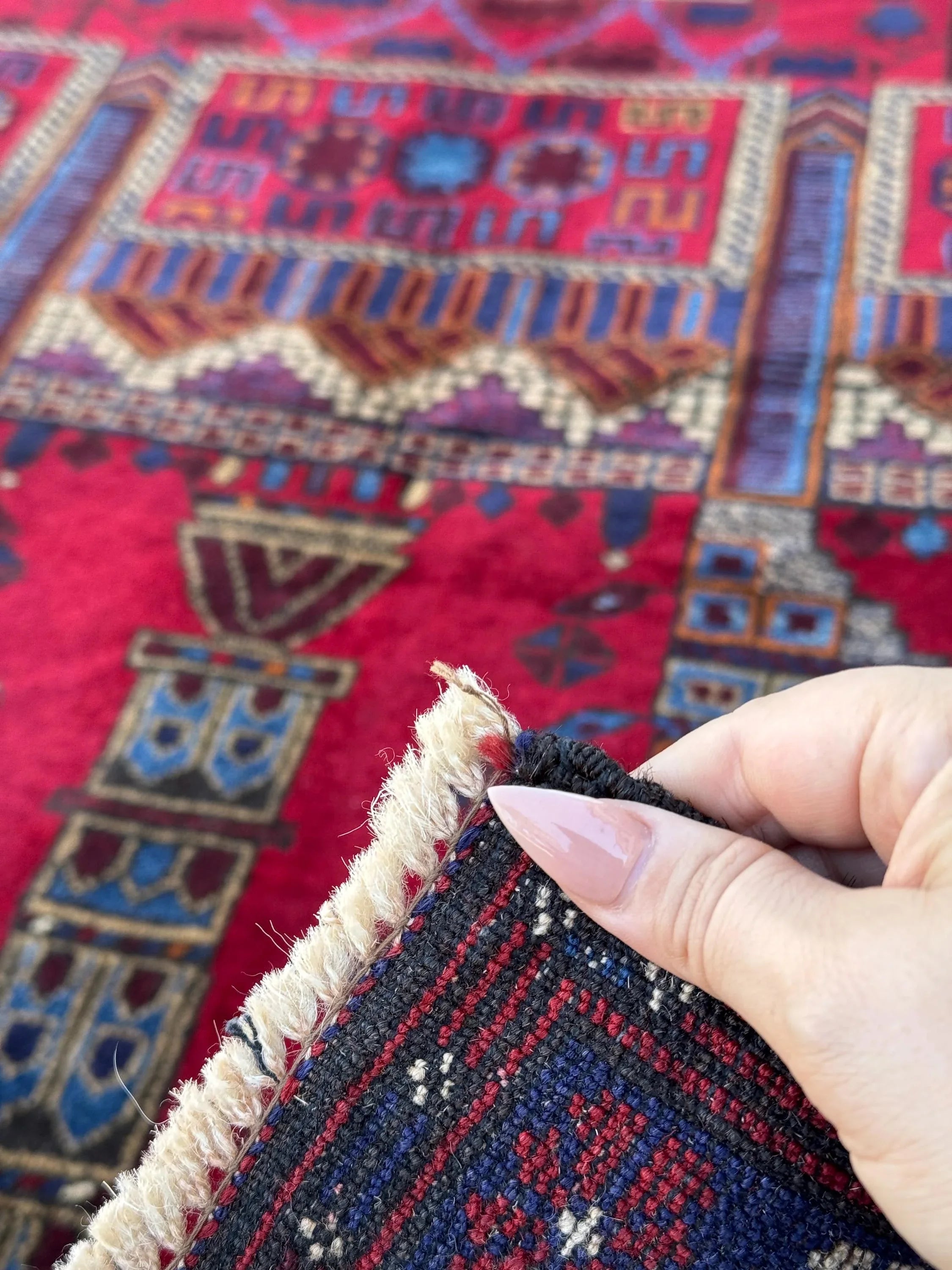 3x5 (91x152) Handmade Vintage Afghan Baluch Rug | Crimson Blood Burgundy Red Cream White Denim Navy Midnight Blue Orange Tan | Wool