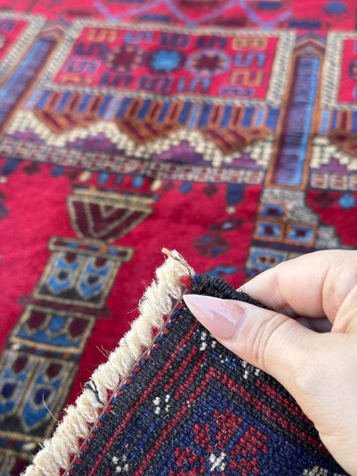 3x5 (91x152) Handmade Vintage Afghan Baluch Rug | Crimson Blood Burgundy Red Cream White Denim Navy Midnight Blue Orange Tan | Wool