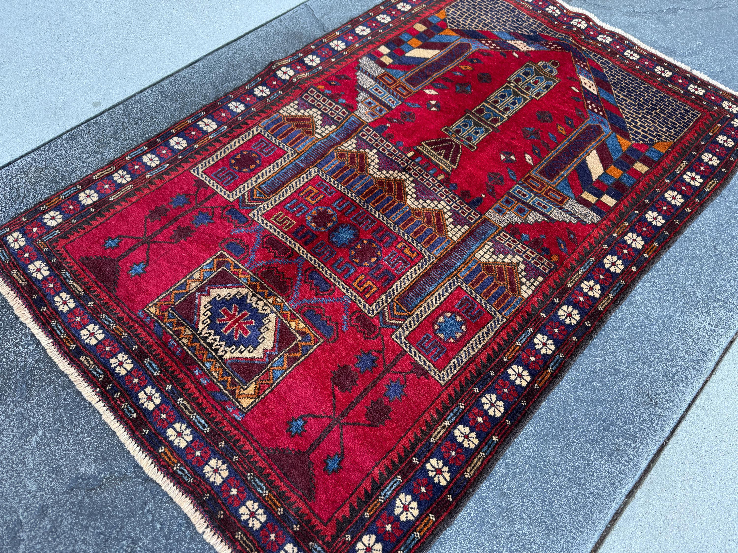 3x5 (91x152) Handmade Vintage Afghan Baluch Rug | Crimson Blood Burgundy Red Cream White Denim Navy Midnight Blue Orange Tan | Wool