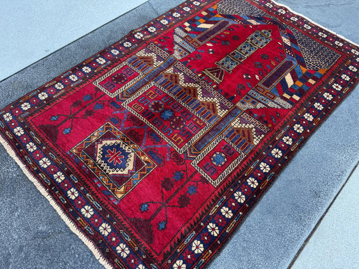 3x5 (91x152) Handmade Vintage Afghan Baluch Rug | Crimson Blood Burgundy Red Cream White Denim Navy Midnight Blue Orange Tan | Wool