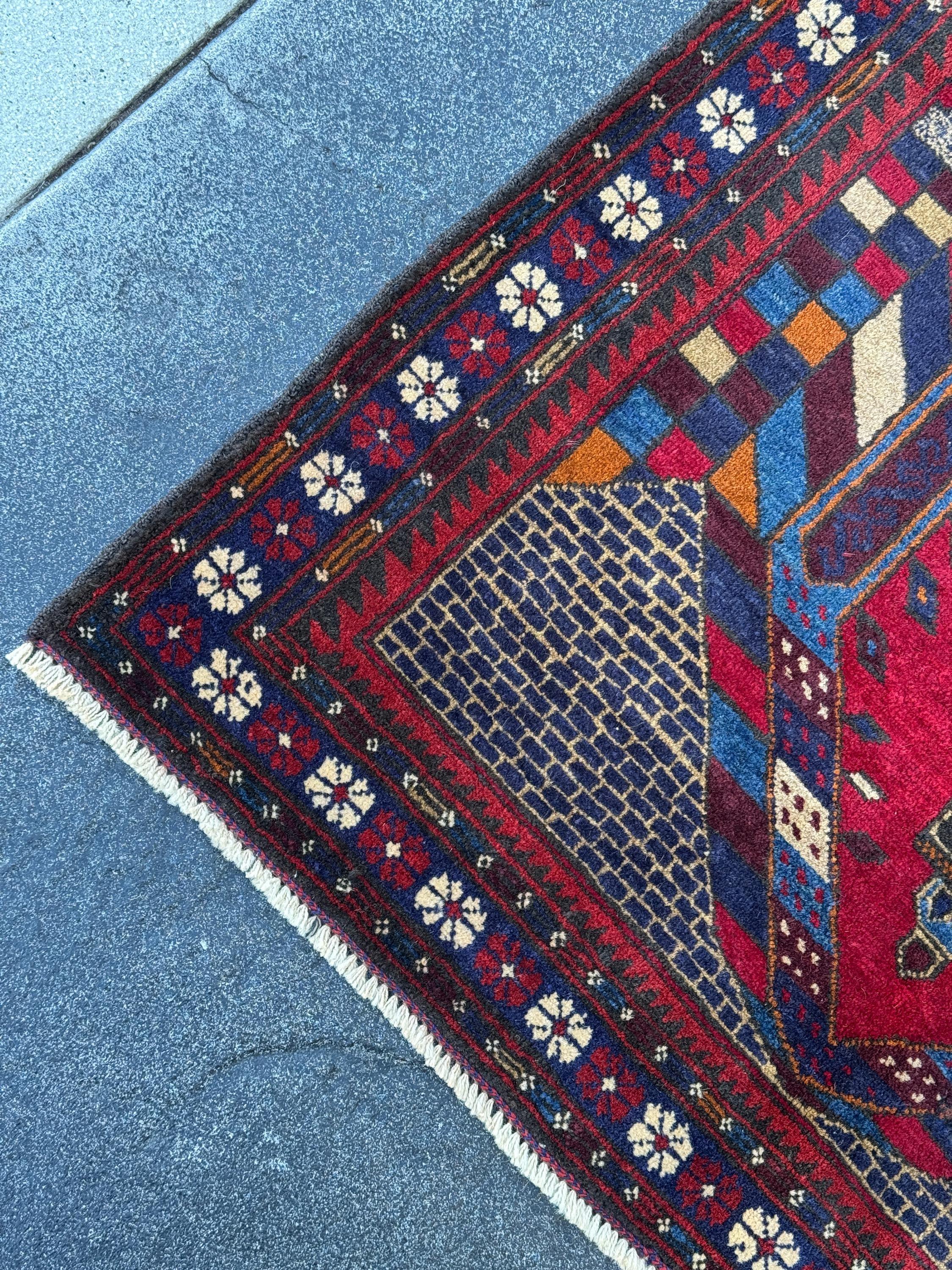 3x5 (91x152) Handmade Vintage Afghan Baluch Rug | Crimson Blood Burgundy Red Cream White Denim Navy Midnight Blue Orange Tan | Wool
