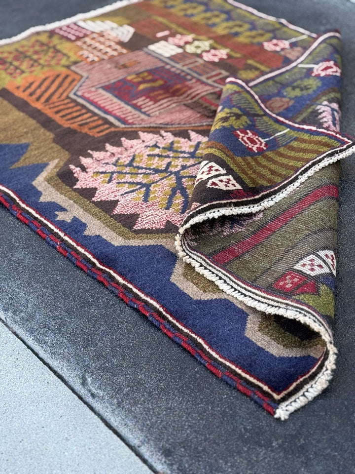 3x4 (91x121) Handmade Vintage Afghan Baluch Rug | Moss Olive Green Blood Brick Red White Cream Rust Orange Navy Blue Black Brown | Wool