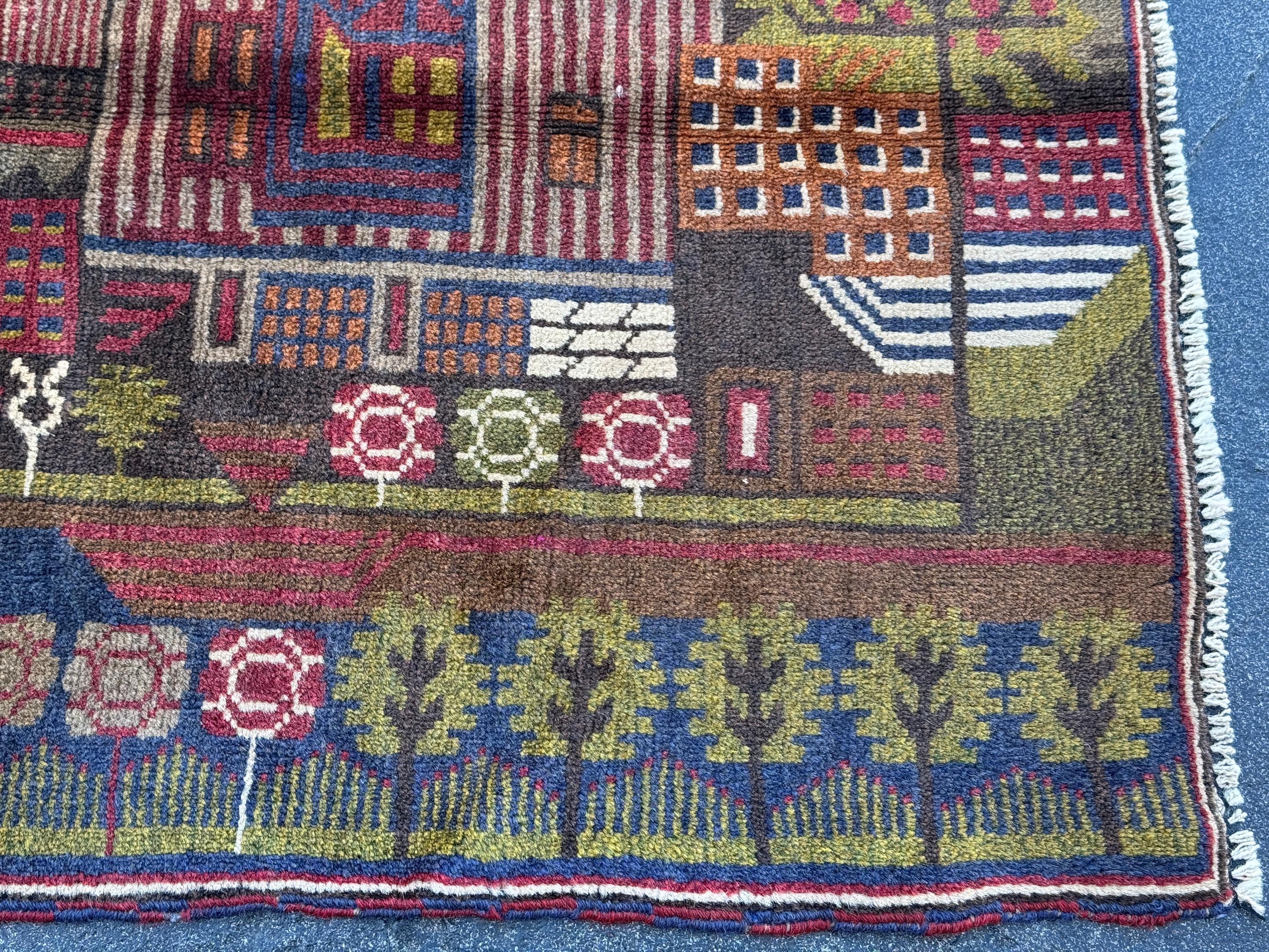 3x4 (91x121) Handmade Vintage Afghan Baluch Rug | Moss Olive Green Blood Brick Red White Cream Rust Orange Navy Blue Black Brown | Wool