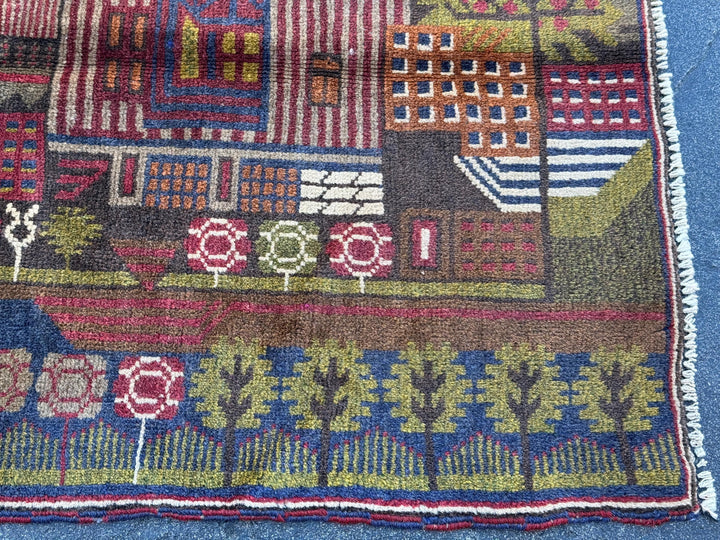 3x4 (91x121) Handmade Vintage Afghan Baluch Rug | Moss Olive Green Blood Brick Red White Cream Rust Orange Navy Blue Black Brown | Wool