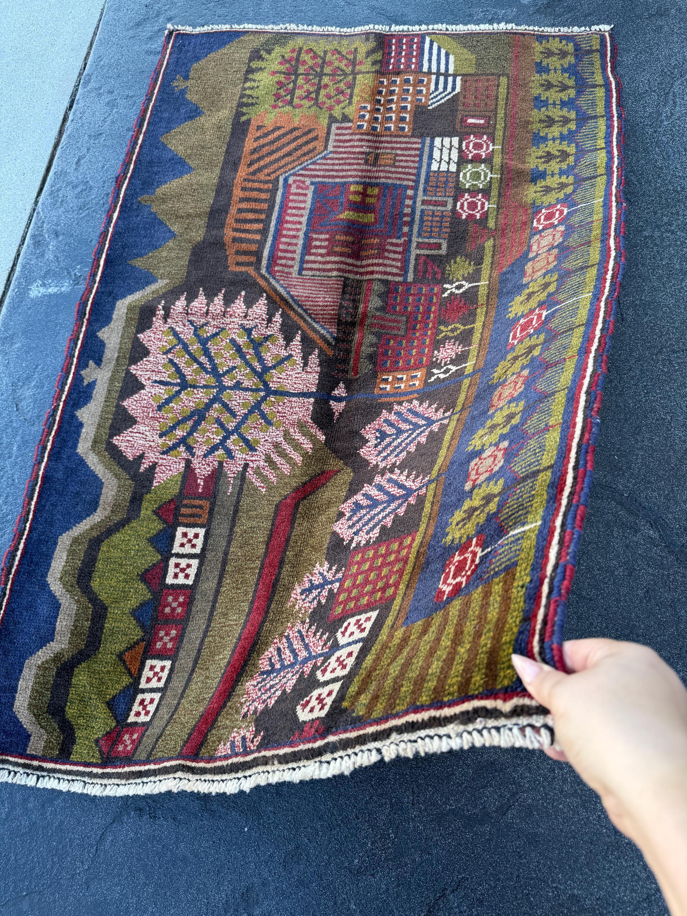 3x4 (91x121) Handmade Vintage Afghan Baluch Rug | Moss Olive Green Blood Brick Red White Cream Rust Orange Navy Blue Black Brown | Wool