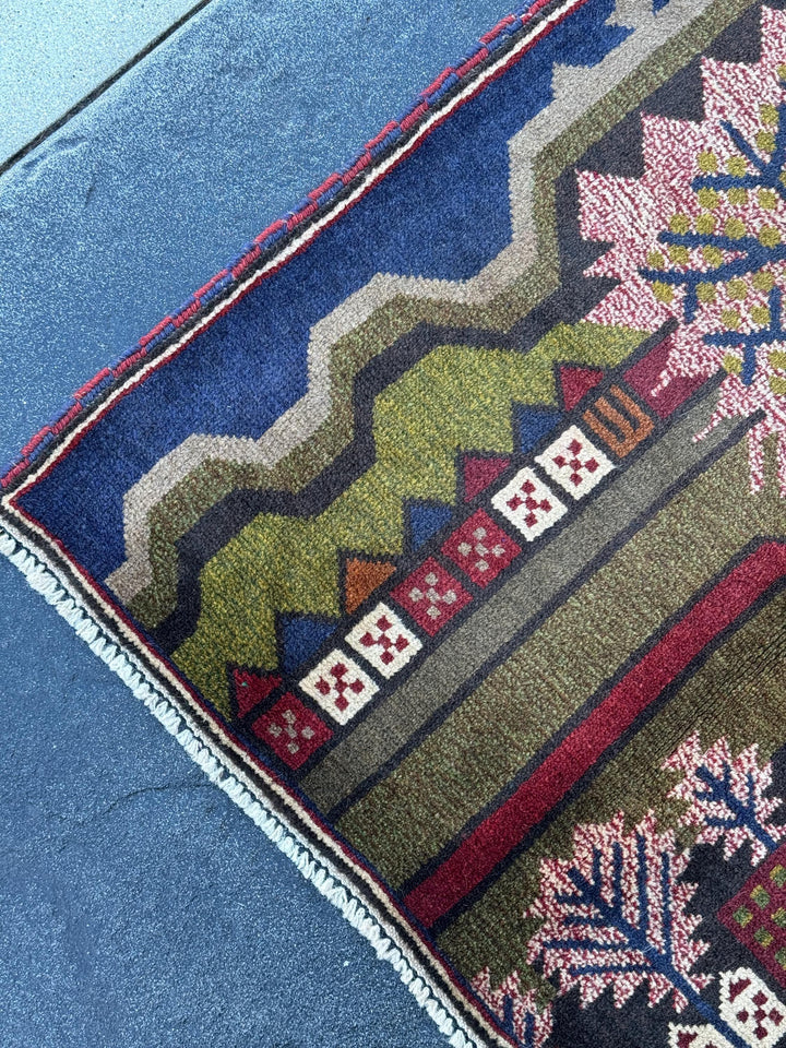 3x4 (91x121) Handmade Vintage Afghan Baluch Rug | Moss Olive Green Blood Brick Red White Cream Rust Orange Navy Blue Black Brown | Wool