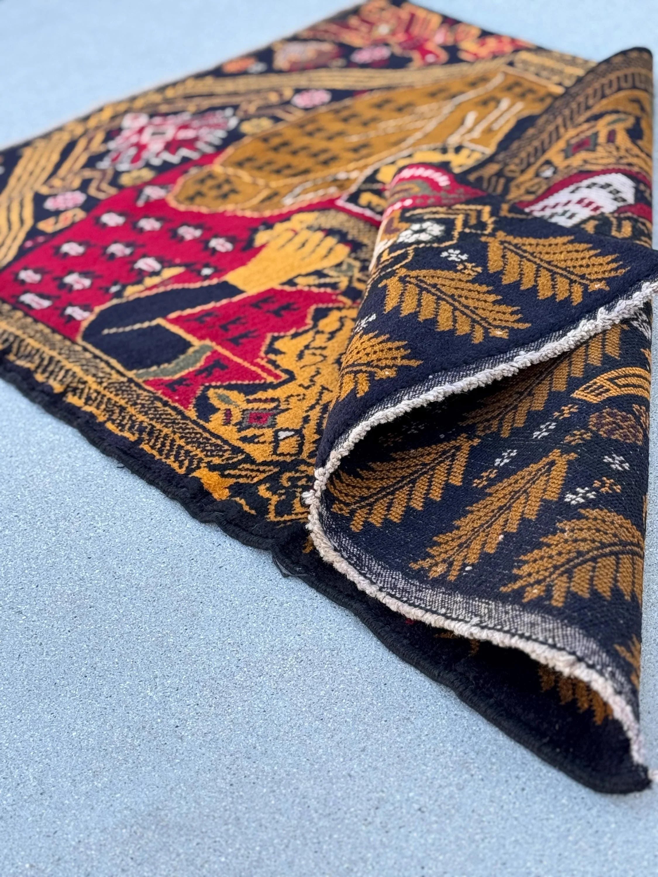 3x4 (91x121) Handmade Vintage Afghan Baluch Rug | Gold Mustard Saffron Caramel Yellow Brown Midnight Navy Blue Blood Red Cream Grey White