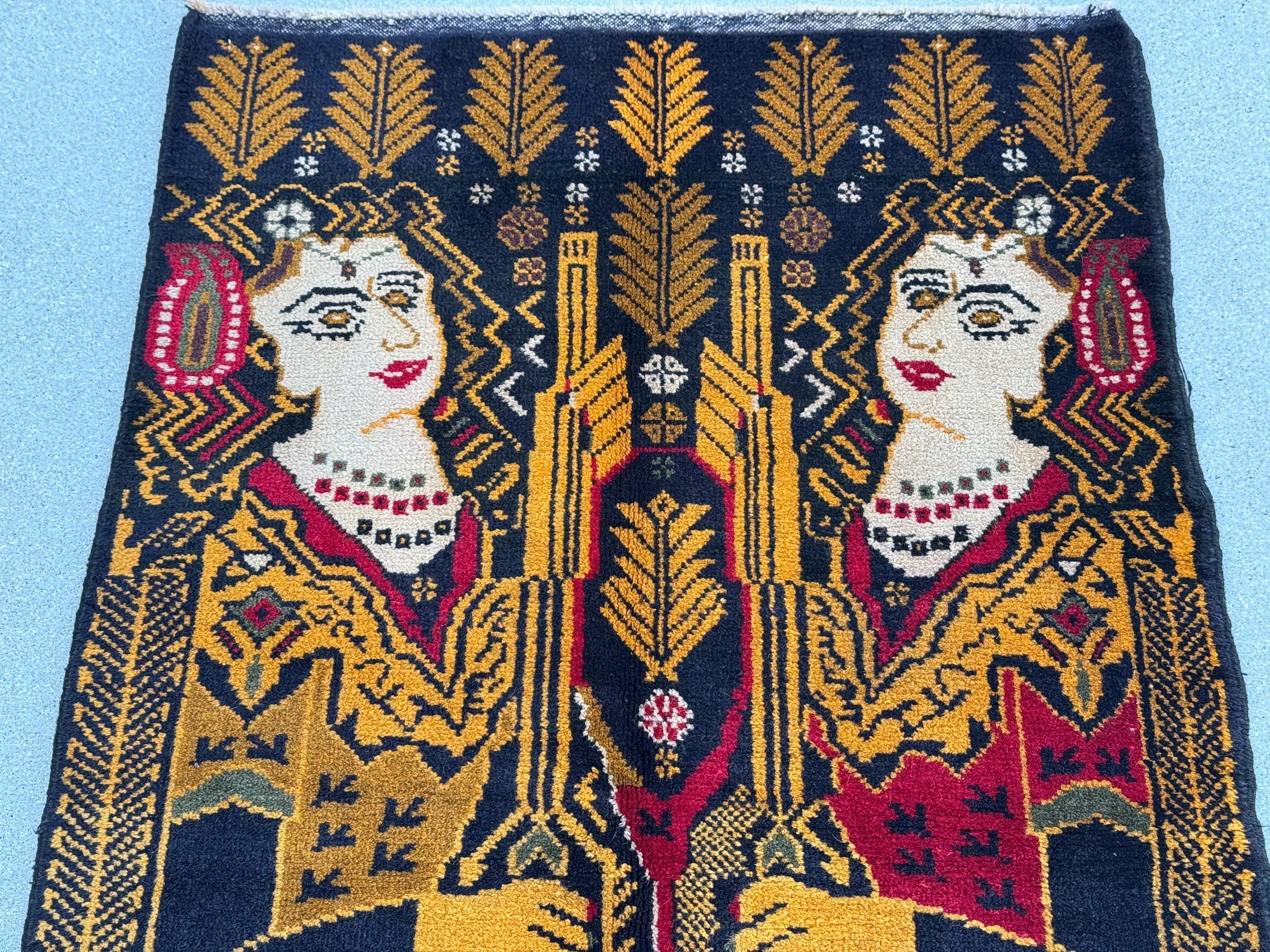 3x4 (91x121) Handmade Vintage Afghan Baluch Rug | Gold Mustard Saffron Caramel Yellow Brown Midnight Navy Blue Blood Red Cream Grey White