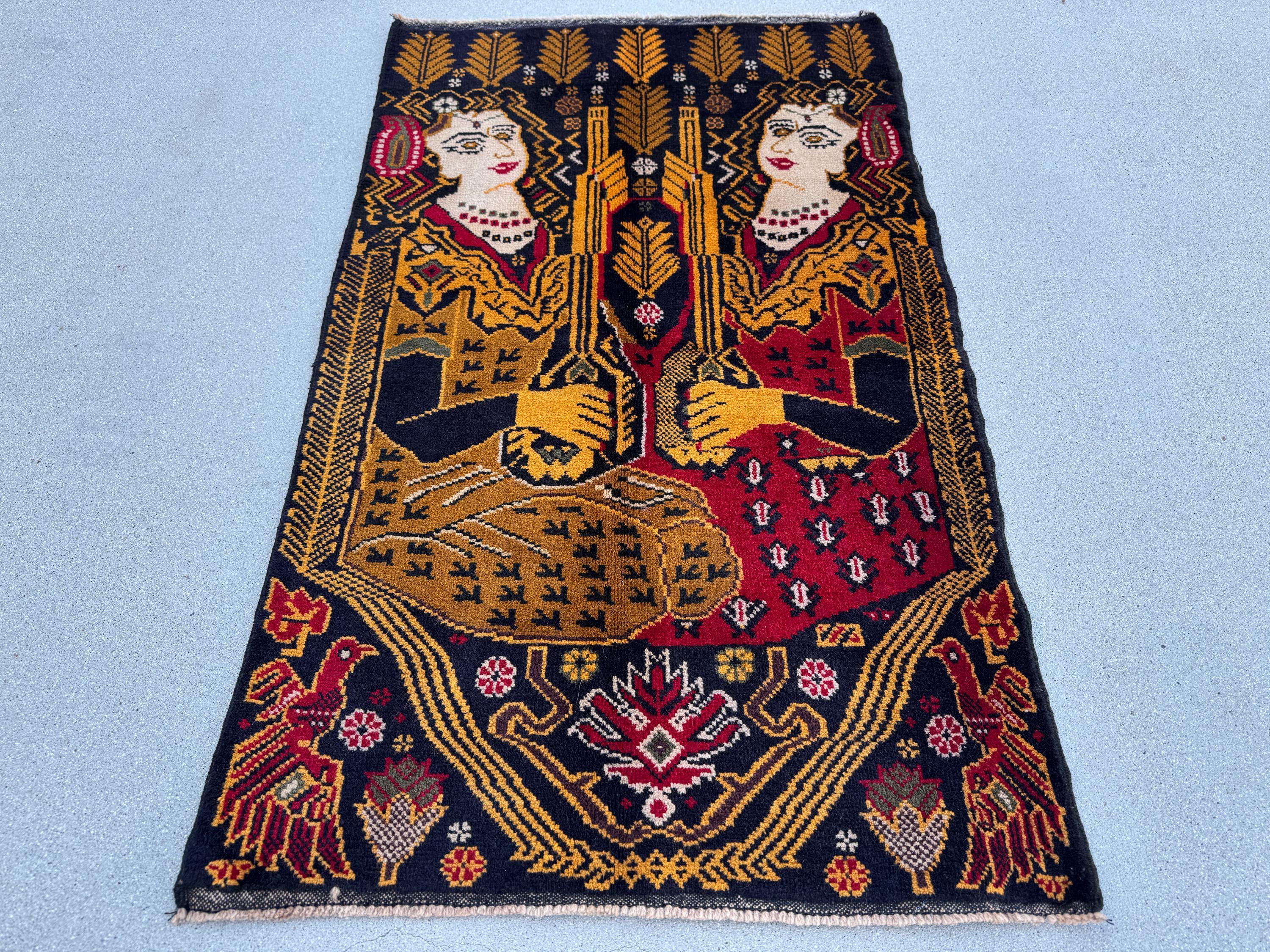 3x4 (91x121) Handmade Vintage Afghan Baluch Rug | Gold Mustard Saffron Caramel Yellow Brown Midnight Navy Blue Blood Red Cream Grey White
