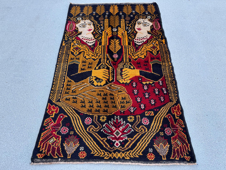3x4 (91x121) Handmade Vintage Afghan Baluch Rug | Gold Mustard Saffron Caramel Yellow Brown Midnight Navy Blue Blood Red Cream Grey White