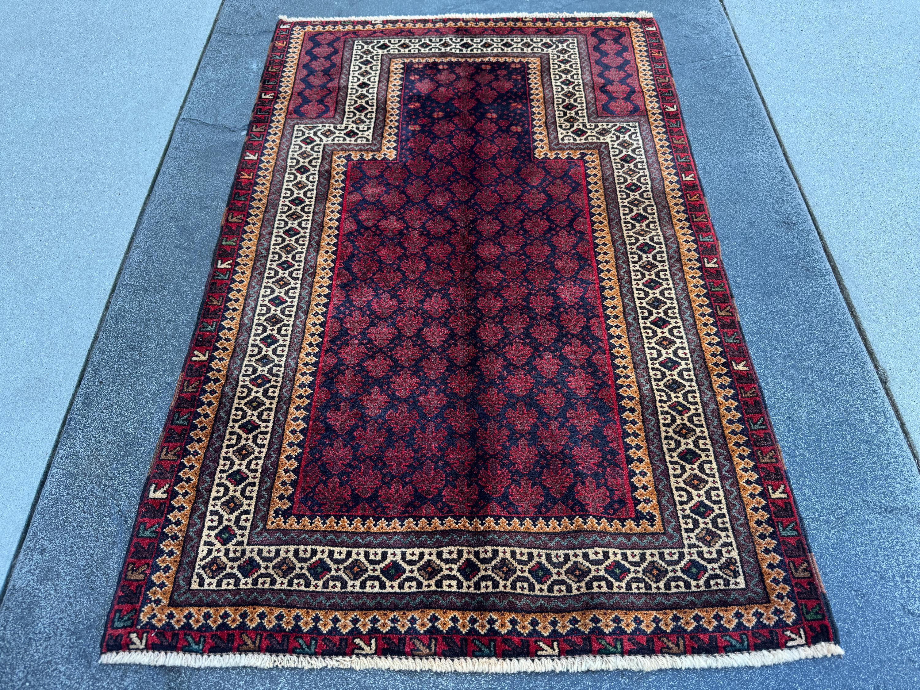 3x4 Handmade Vintage Afghan Baluch Rug | Maroon Crimson Burgundy Midnight Navy Denim Blue Forest Green Peach Orange White Cream Brown