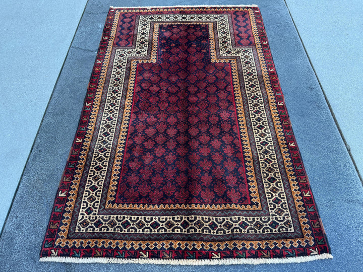 3x4 Handmade Vintage Afghan Baluch Rug | Maroon Crimson Burgundy Midnight Navy Denim Blue Forest Green Peach Orange White Cream Brown