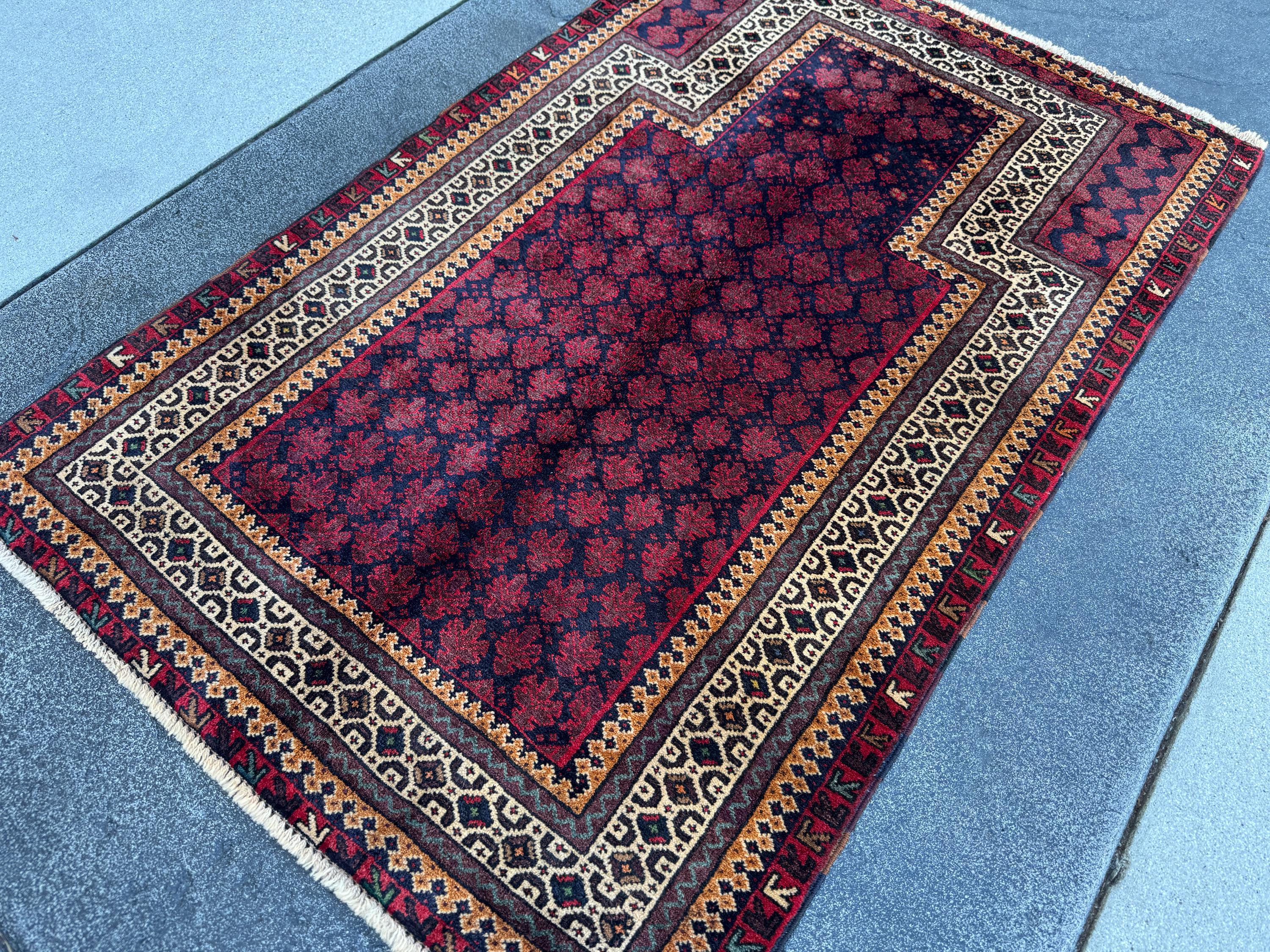 3x4 Handmade Vintage Afghan Baluch Rug | Maroon Crimson Burgundy Midnight Navy Denim Blue Forest Green Peach Orange White Cream Brown