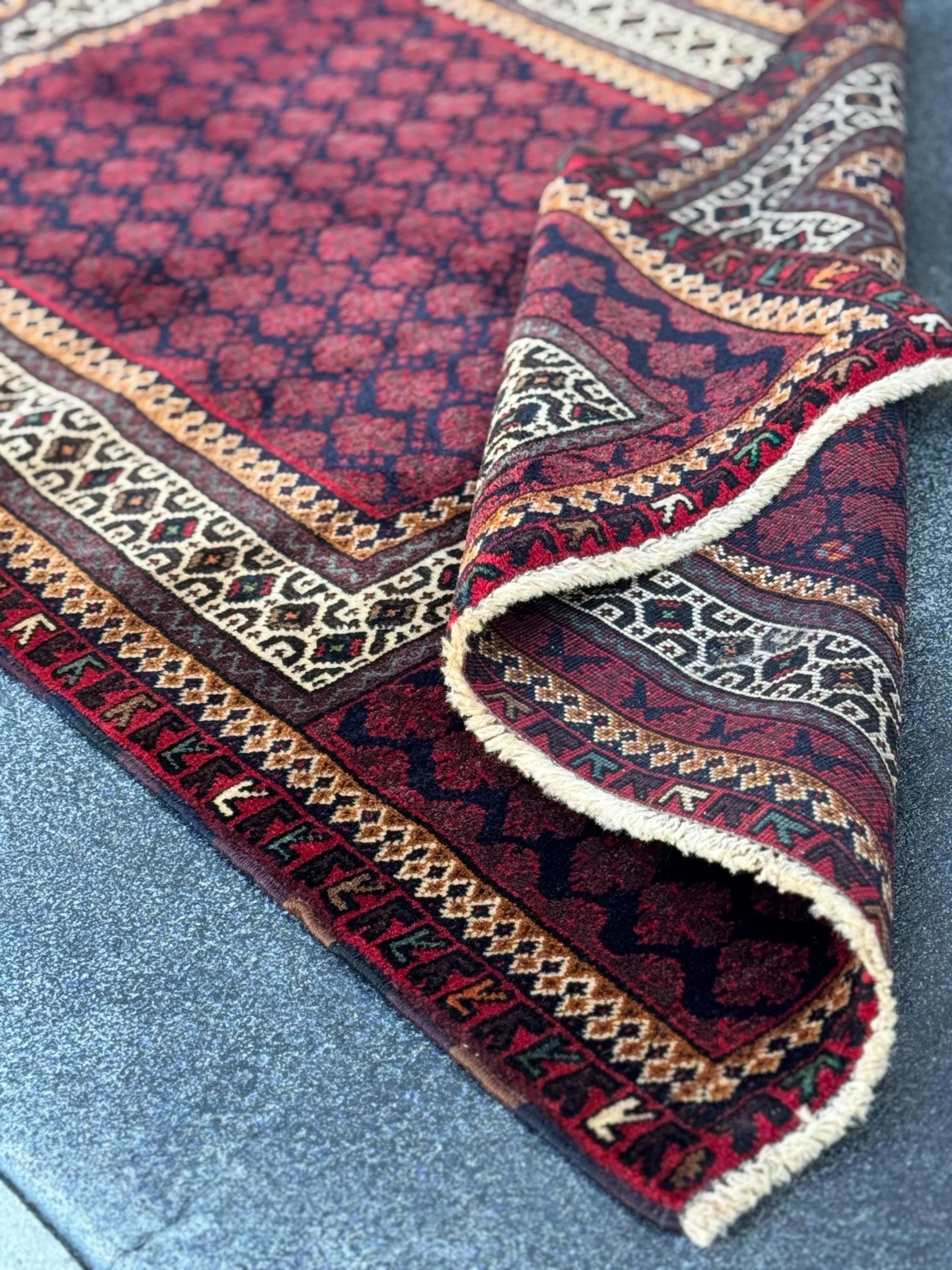 3x4 Handmade Vintage Afghan Baluch Rug | Maroon Crimson Burgundy Midnight Navy Denim Blue Forest Green Peach Orange White Cream Brown