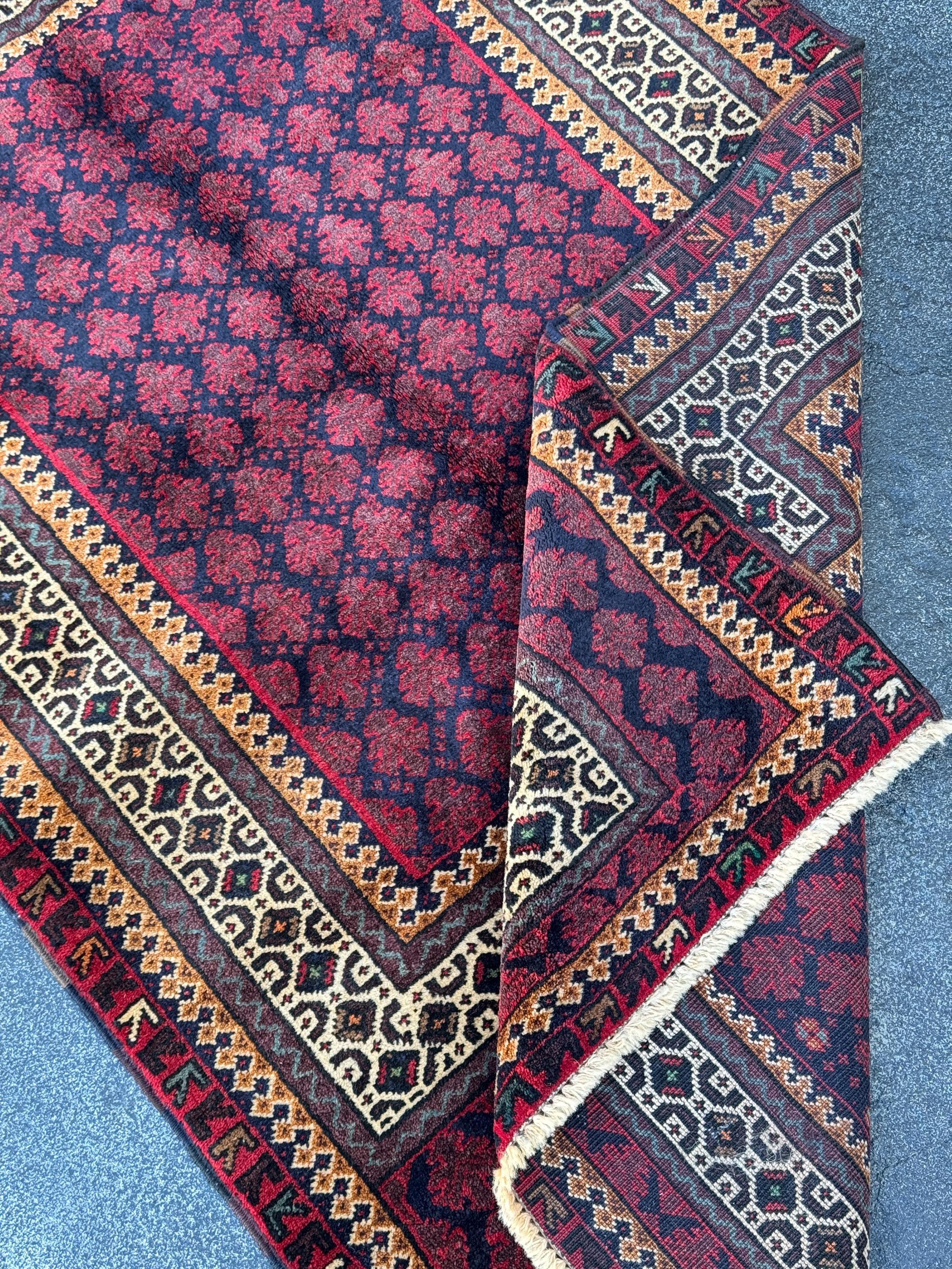 3x4 Handmade Vintage Afghan Baluch Rug | Maroon Crimson Burgundy Midnight Navy Denim Blue Forest Green Peach Orange White Cream Brown