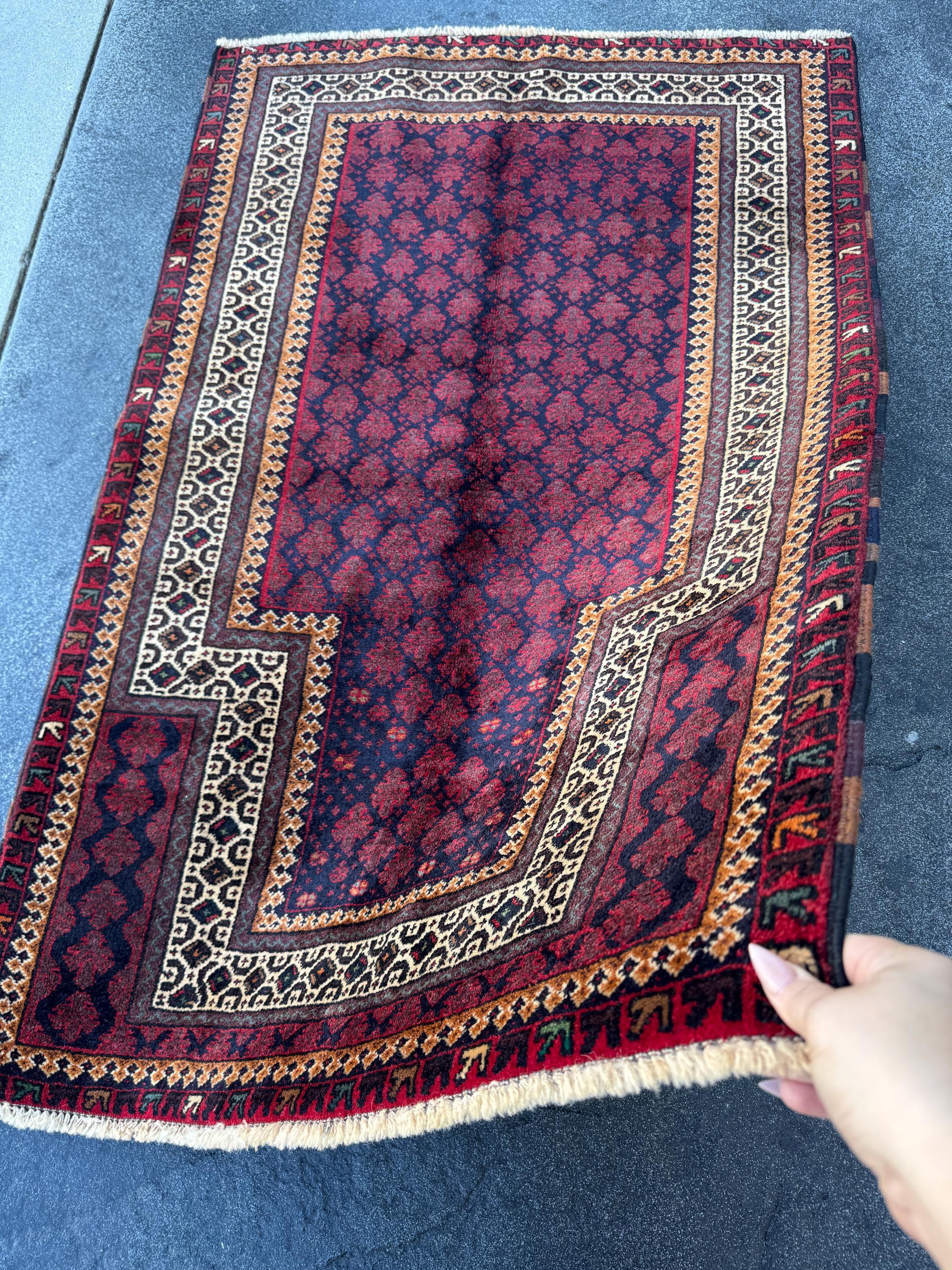 3x4 Handmade Vintage Afghan Baluch Rug | Maroon Crimson Burgundy Midnight Navy Denim Blue Forest Green Peach Orange White Cream Brown