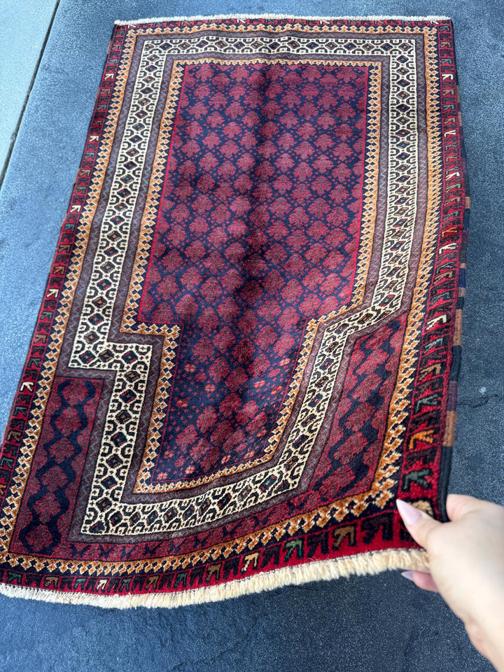 3x4 Handmade Vintage Afghan Baluch Rug | Maroon Crimson Burgundy Midnight Navy Denim Blue Forest Green Peach Orange White Cream Brown