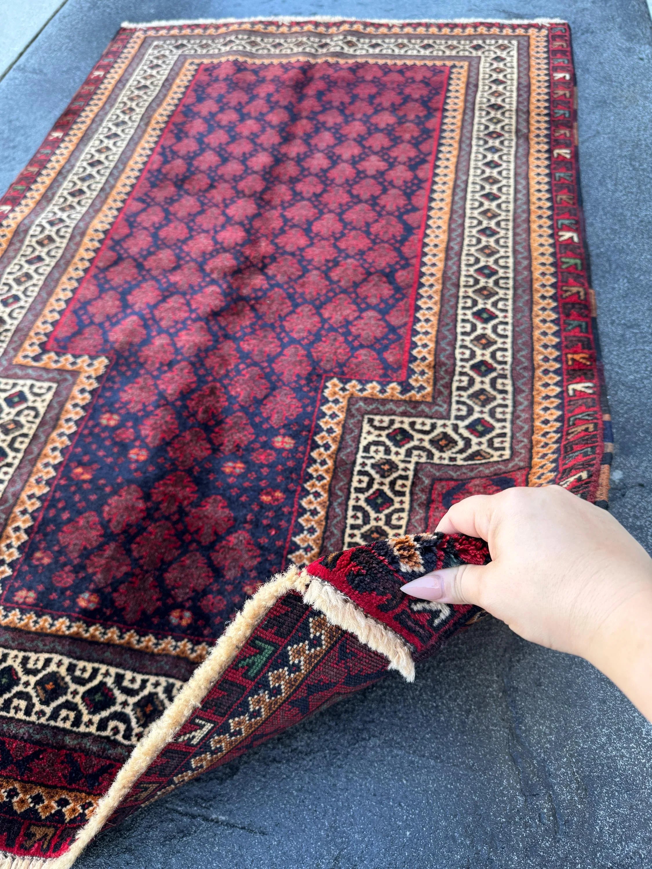 3x4 Handmade Vintage Afghan Baluch Rug | Maroon Crimson Burgundy Midnight Navy Denim Blue Forest Green Peach Orange White Cream Brown