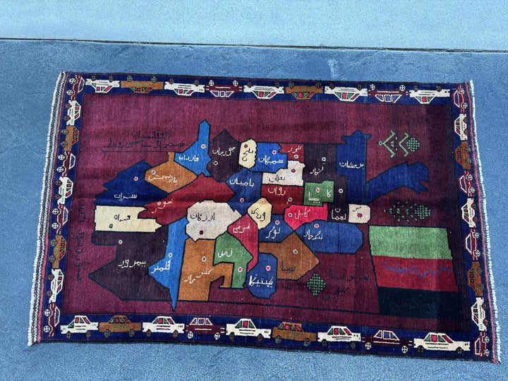 3x5 (91x152) Handmade Vintage Afghan Baluch Rug Maroon Crimson Blood Burgundy Red Denim Navy Blue Black Cream Pine Moss Green Caramel Brown