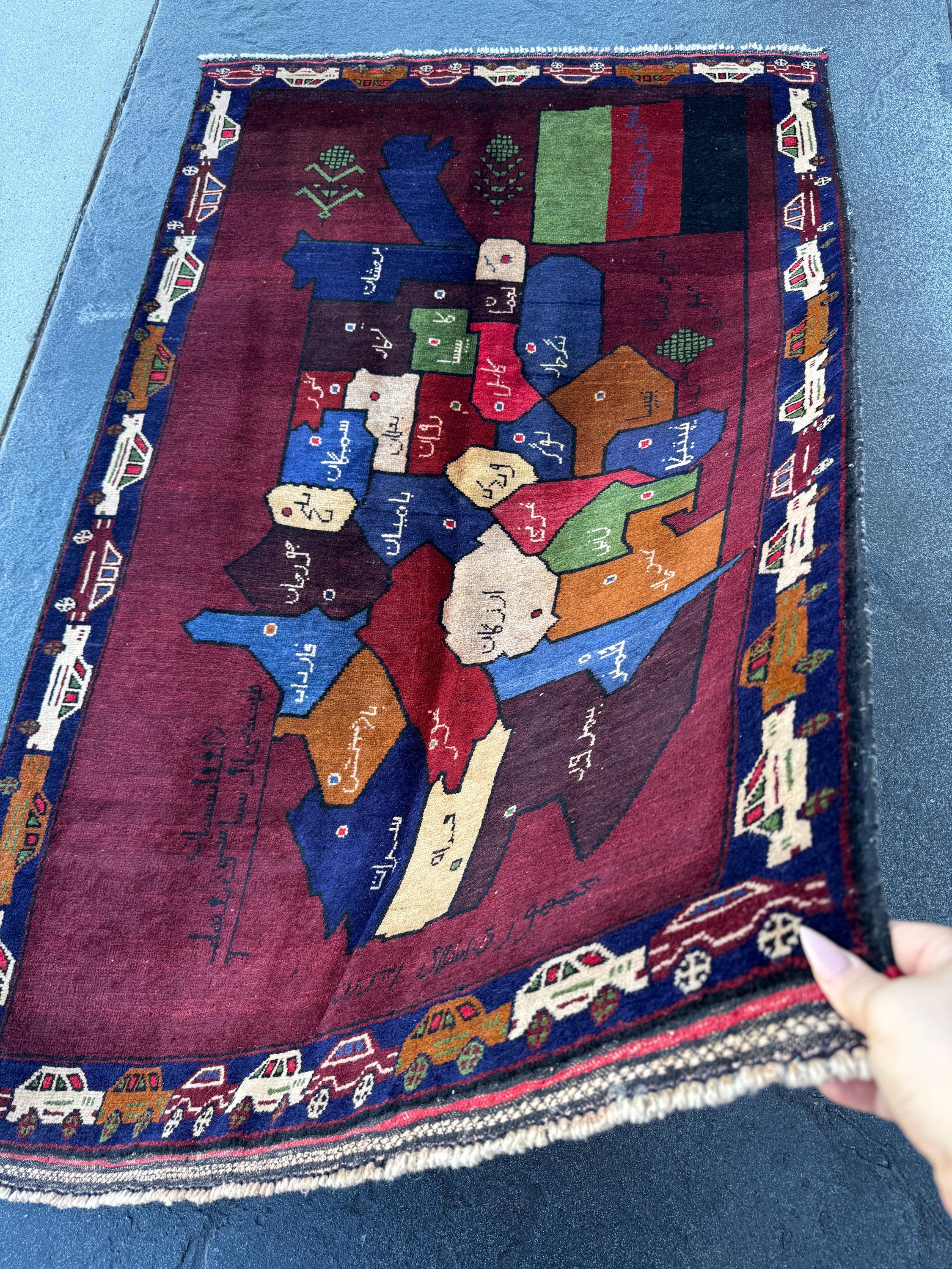 3x5 (91x152) Handmade Vintage Afghan Baluch Rug Maroon Crimson Blood Burgundy Red Denim Navy Blue Black Cream Pine Moss Green Caramel Brown