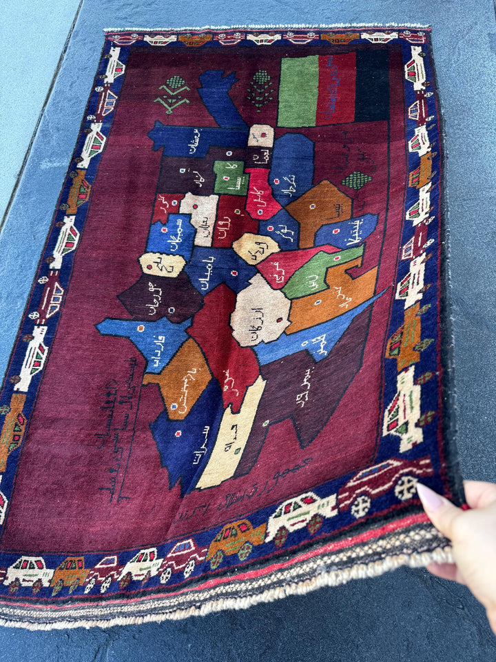 3x5 (91x152) Handmade Vintage Afghan Baluch Rug Maroon Crimson Blood Burgundy Red Denim Navy Blue Black Cream Pine Moss Green Caramel Brown
