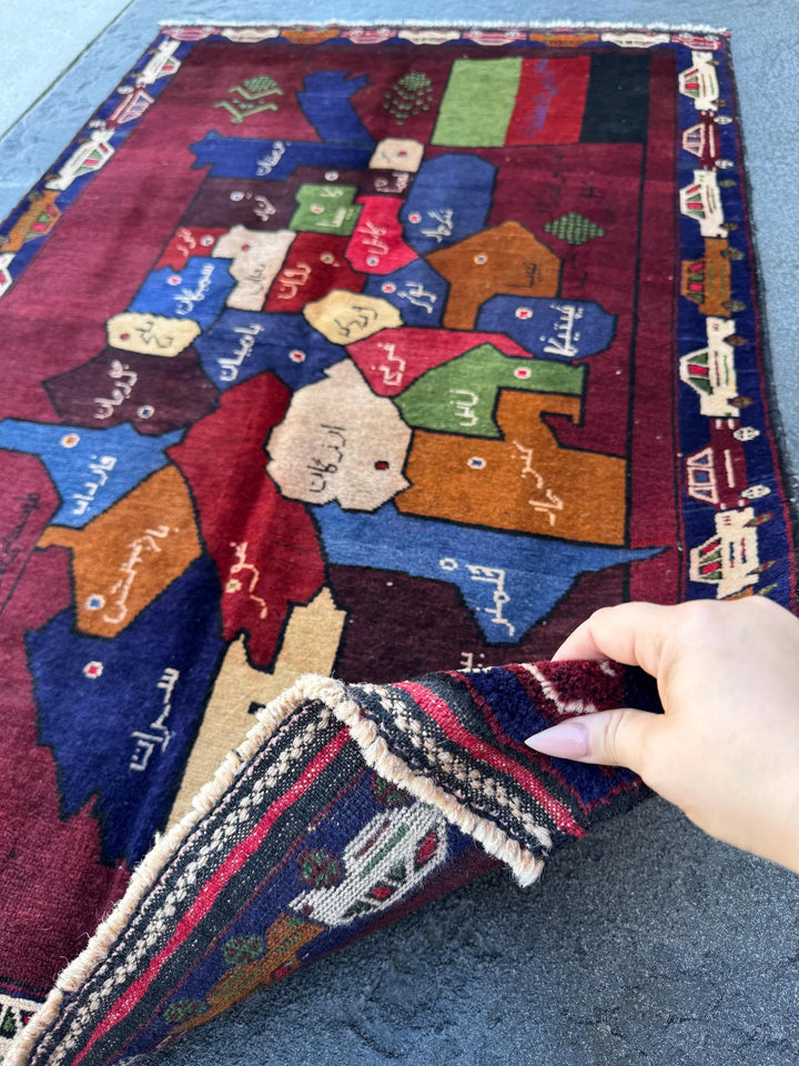 3x5 (91x152) Handmade Vintage Afghan Baluch Rug Maroon Crimson Blood Burgundy Red Denim Navy Blue Black Cream Pine Moss Green Caramel Brown