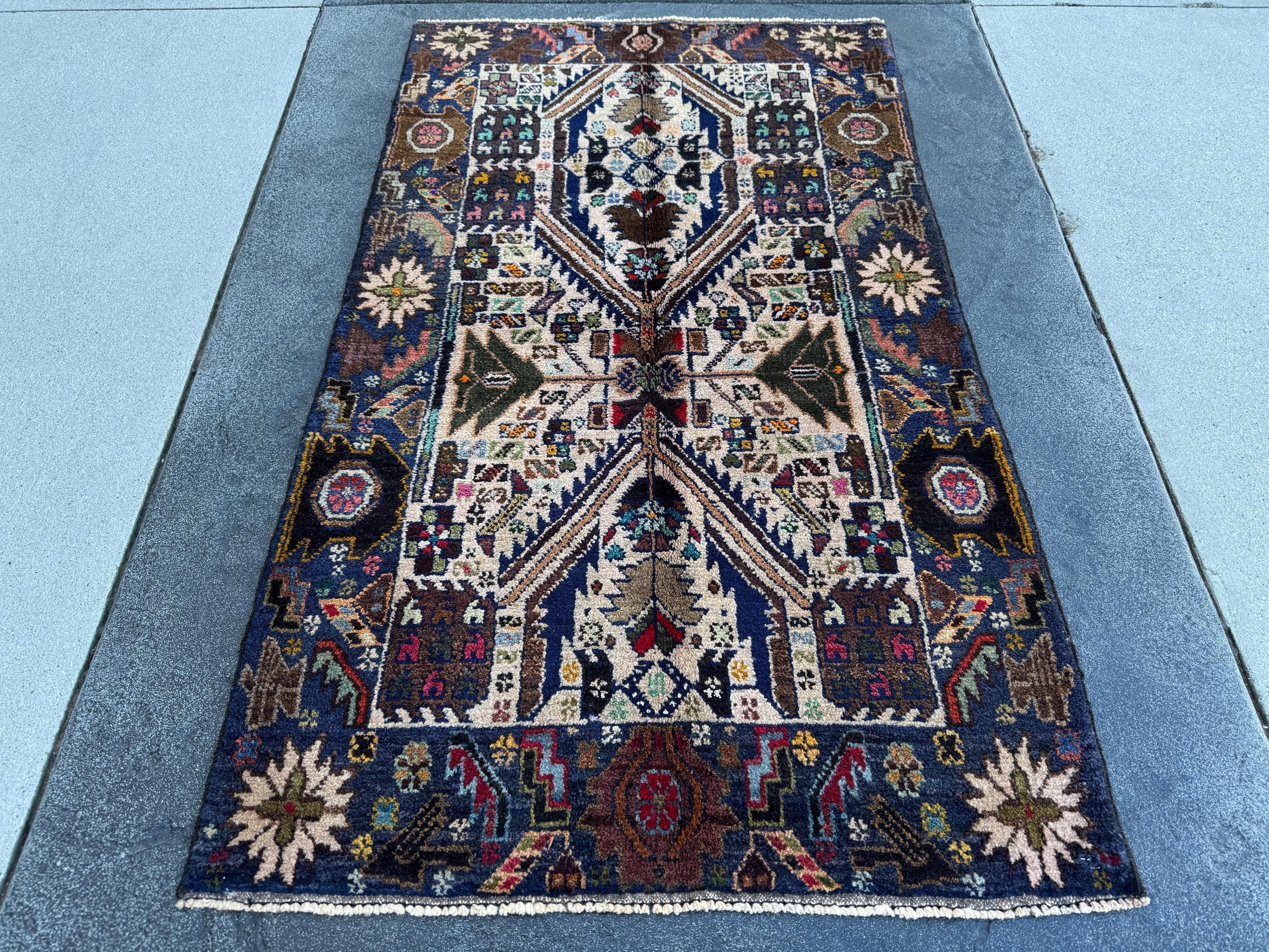 3x5 (91x152) Handmade Vintage Afghan Baluch Rug | Cream Navy Blue Grey Forest Moss Green Maroon Pink Denim Orange Gold Yellow Black Red Aqua
