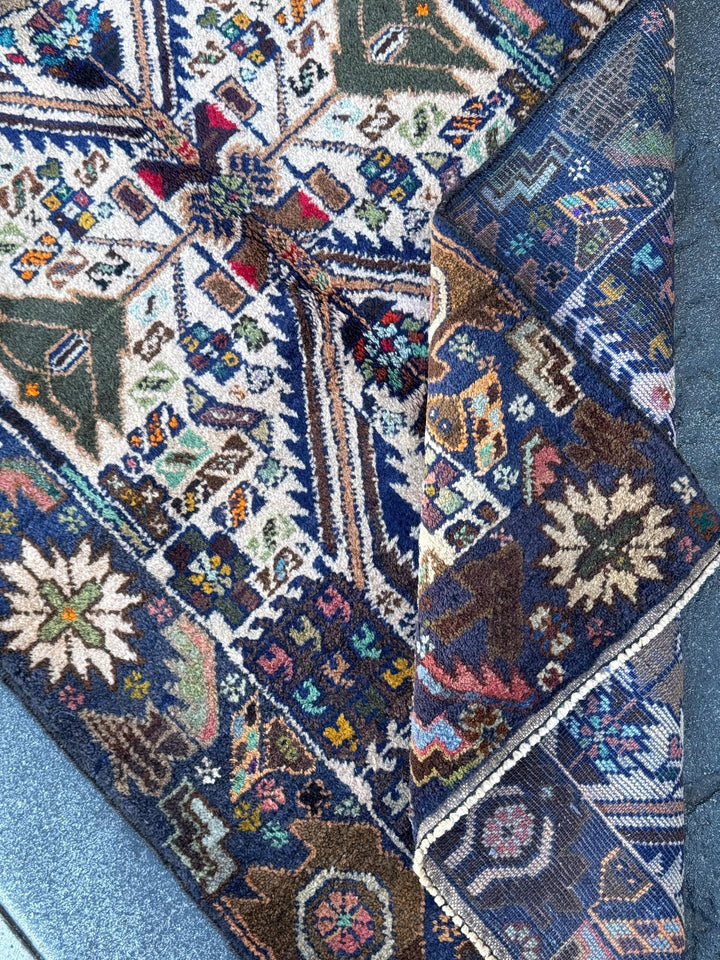 3x5 (91x152) Handmade Vintage Afghan Baluch Rug | Cream Navy Blue Grey Forest Moss Green Maroon Pink Denim Orange Gold Yellow Black Red Aqua
