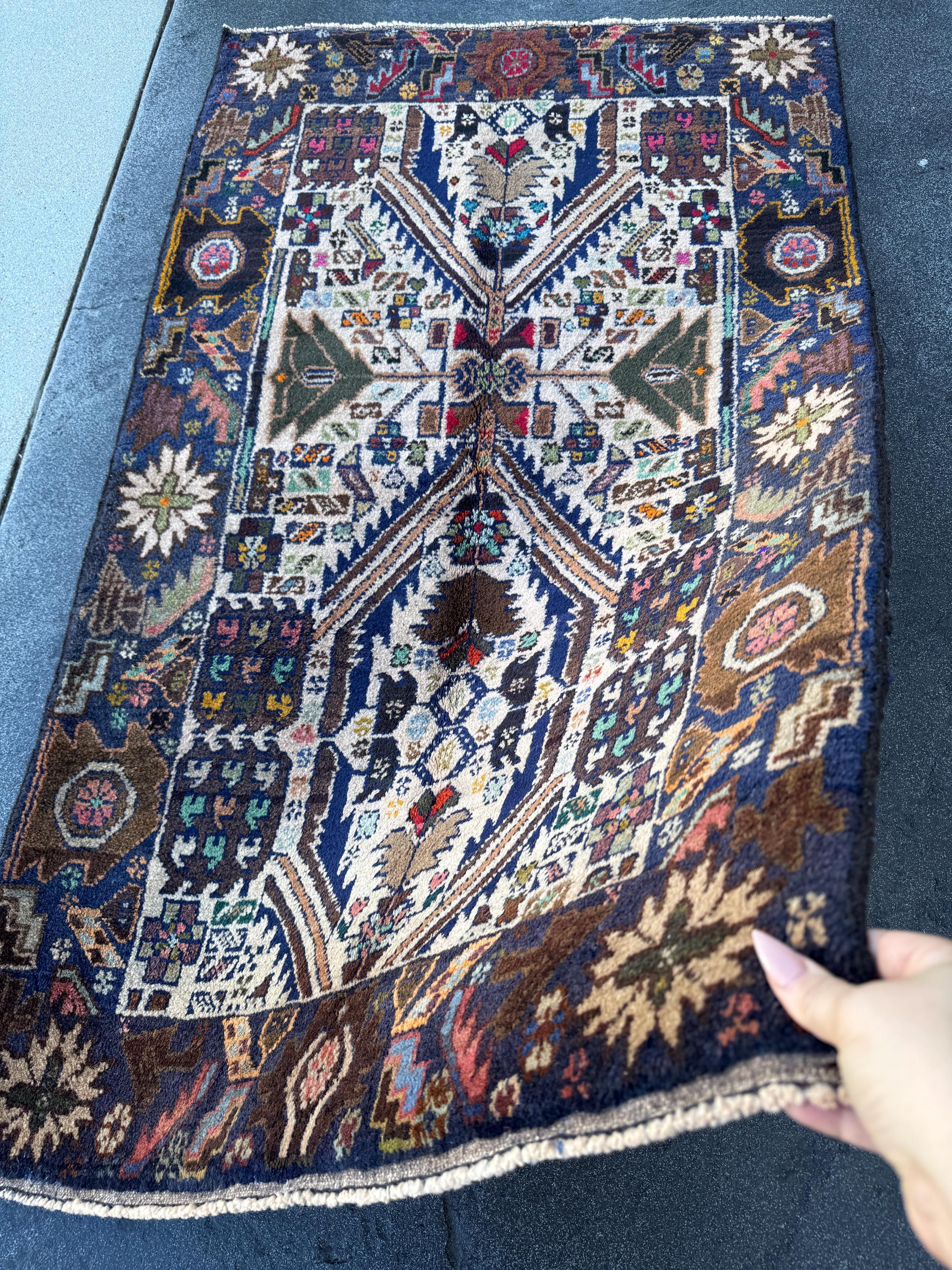 3x5 (91x152) Handmade Vintage Afghan Baluch Rug | Cream Navy Blue Grey Forest Moss Green Maroon Pink Denim Orange Gold Yellow Black Red Aqua
