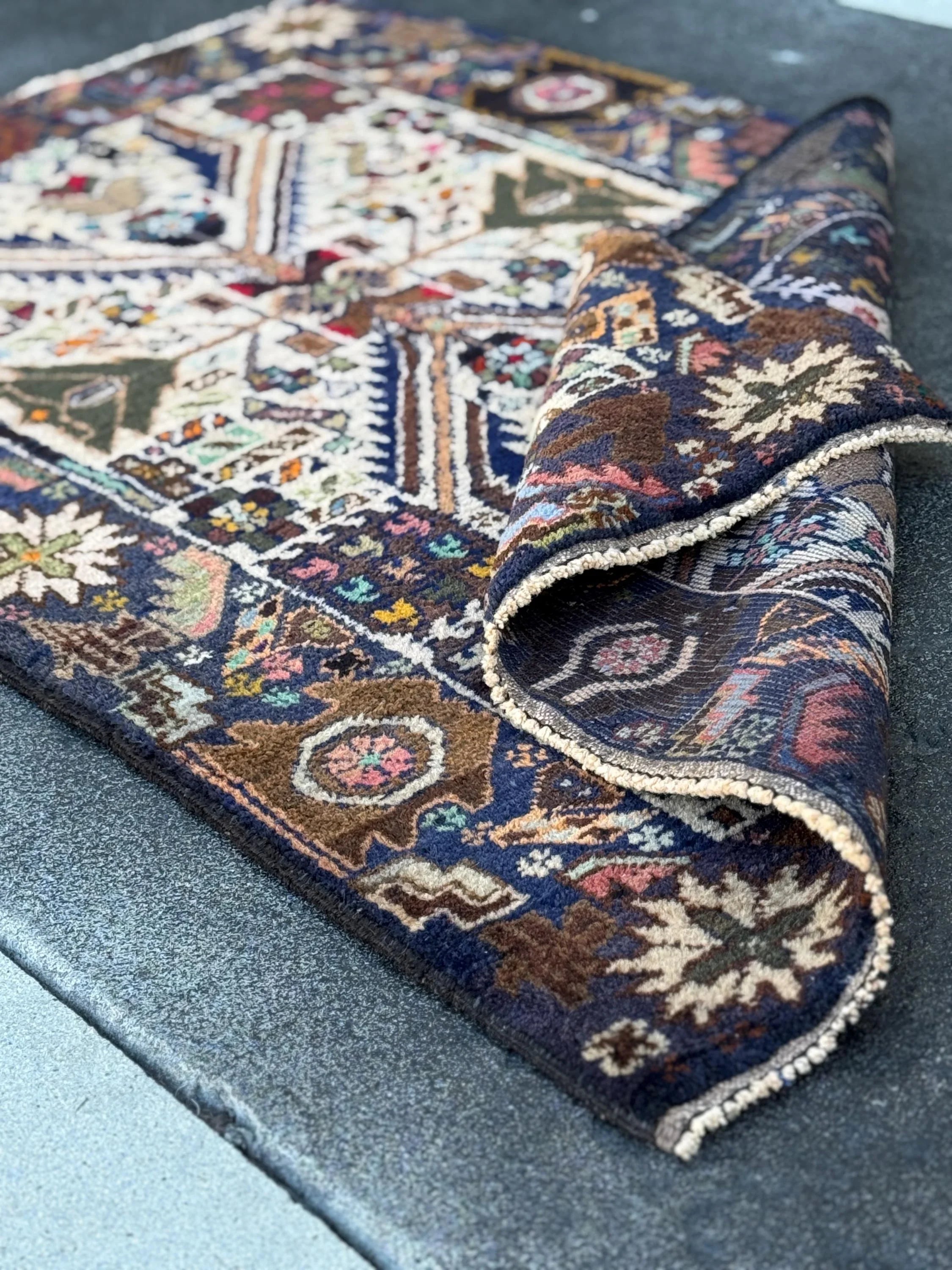 3x5 (91x152) Handmade Vintage Afghan Baluch Rug | Cream Navy Blue Grey Forest Moss Green Maroon Pink Denim Orange Gold Yellow Black Red Aqua