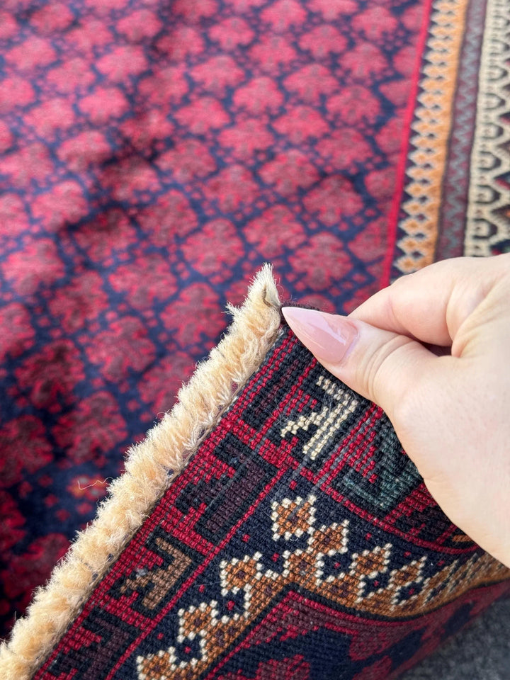 3x4 Handmade Vintage Afghan Baluch Rug | Maroon Crimson Burgundy Midnight Navy Denim Blue Forest Green Peach Orange White Cream Brown