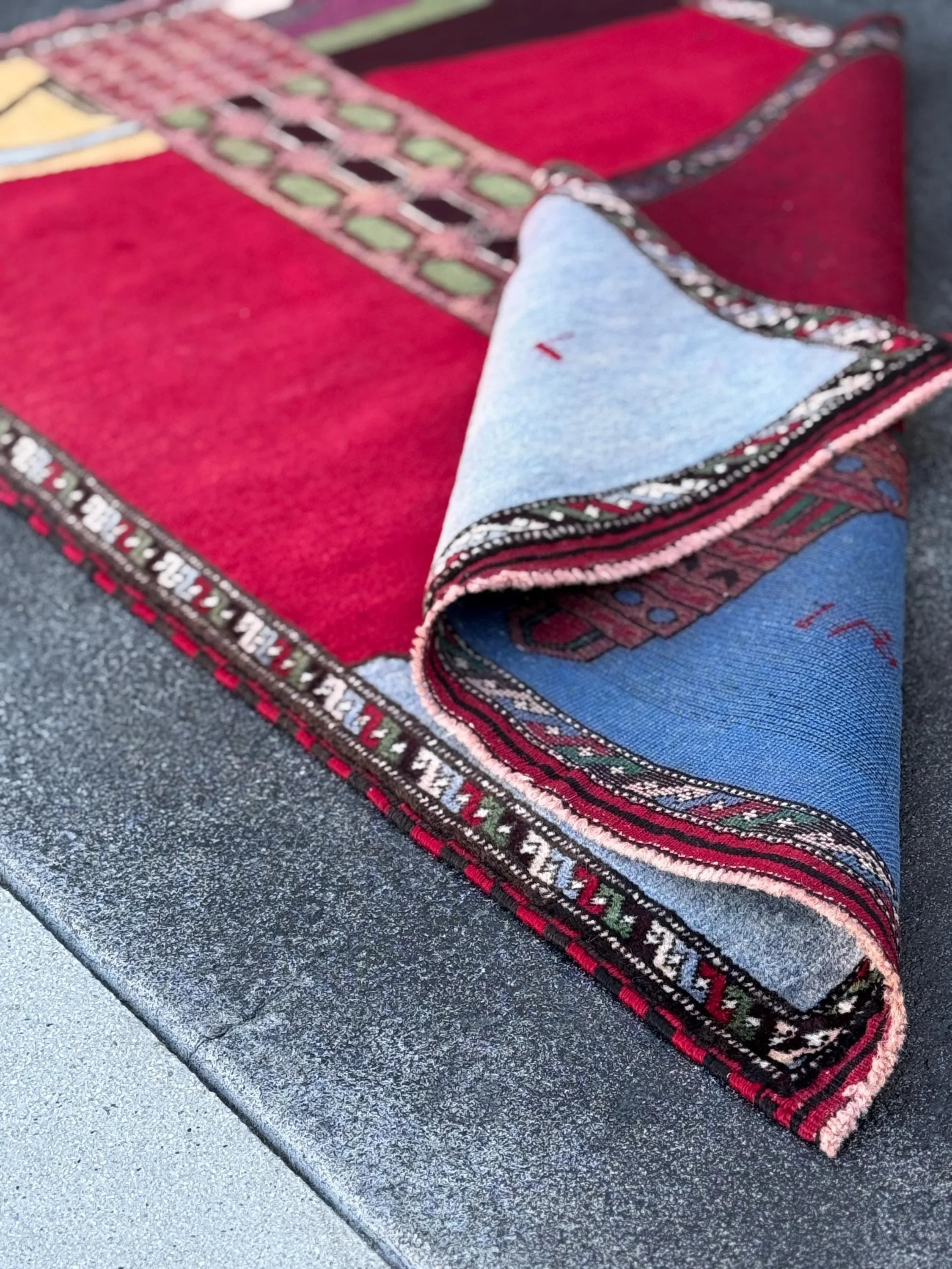 3x5 Handmade Vintage Afghan Baluch Rug | Crimson Scarlet Brick Rose Red Pink Moss Pine Green Sky Powder Blue Burgundy Plum Grey Saffron Wool