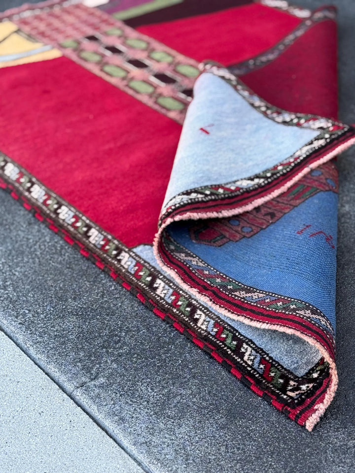 3x5 Handmade Vintage Afghan Baluch Rug | Crimson Scarlet Brick Rose Red Pink Moss Pine Green Sky Powder Blue Burgundy Plum Grey Saffron Wool